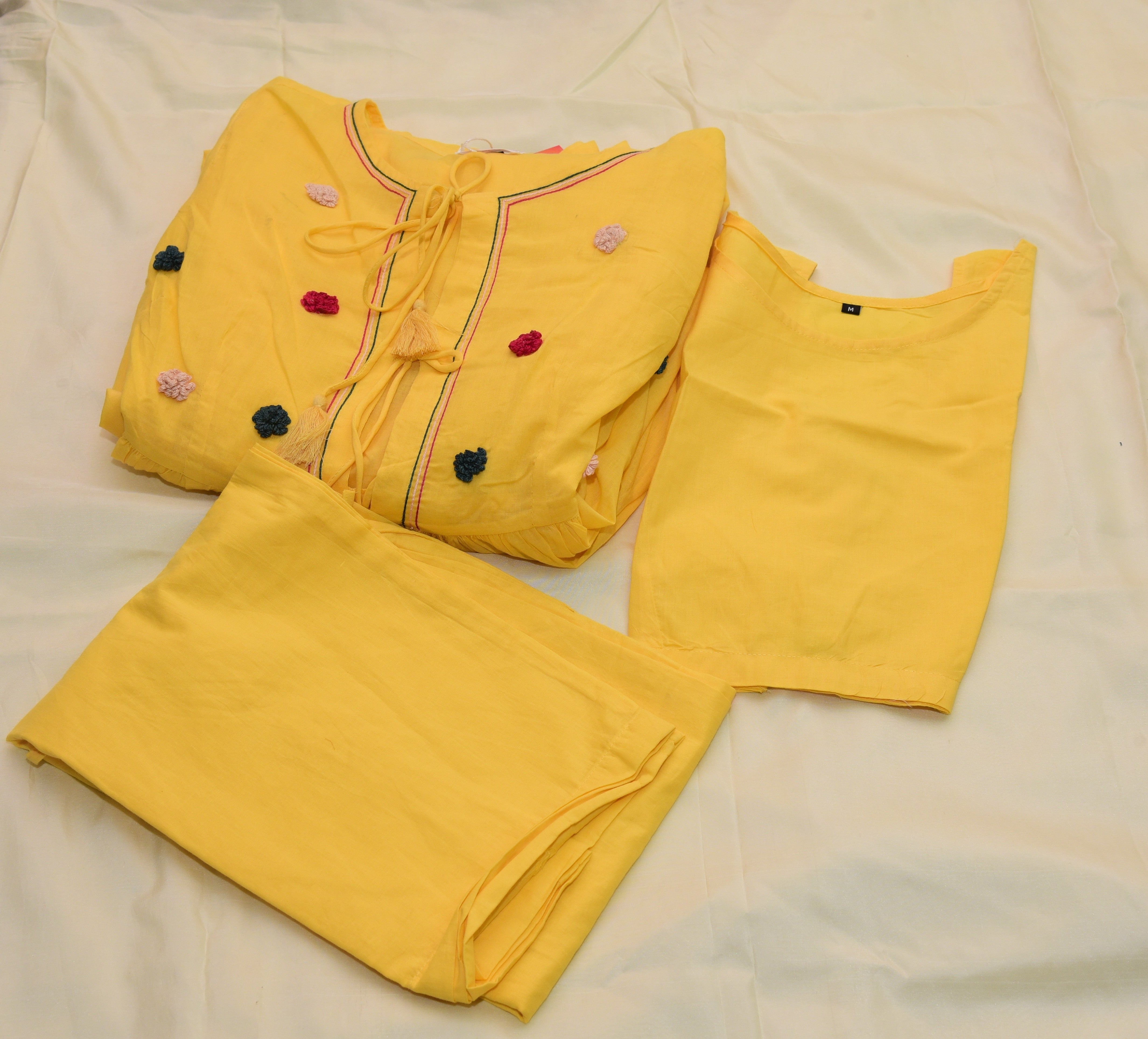 Elegant Yellow Cotton Shrug with short top 3 Pcs Set