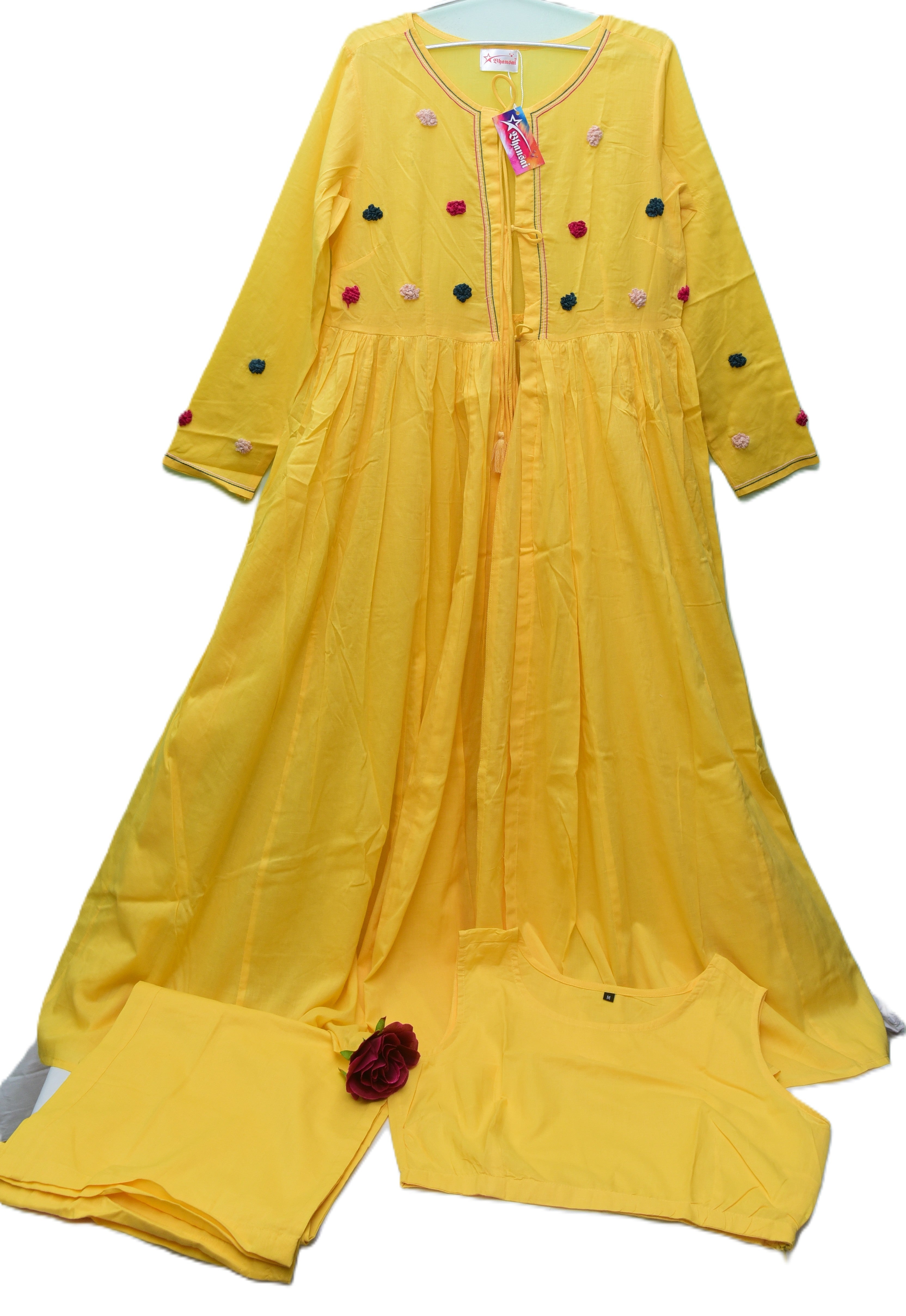 Elegant Yellow Cotton Shrug with short top 3 Pcs Set