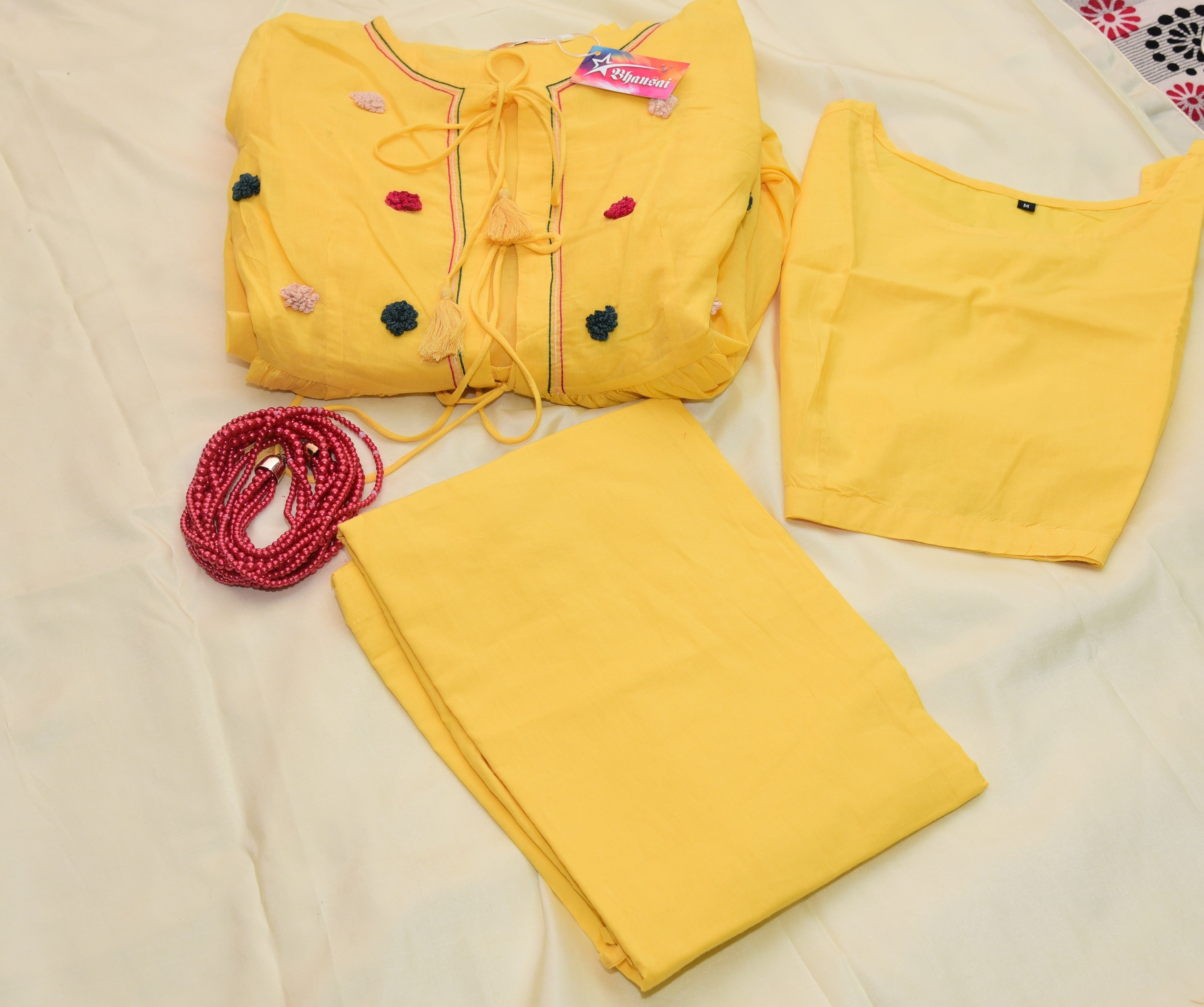 Elegant Yellow Cotton Shrug with short top 3 Pcs Set