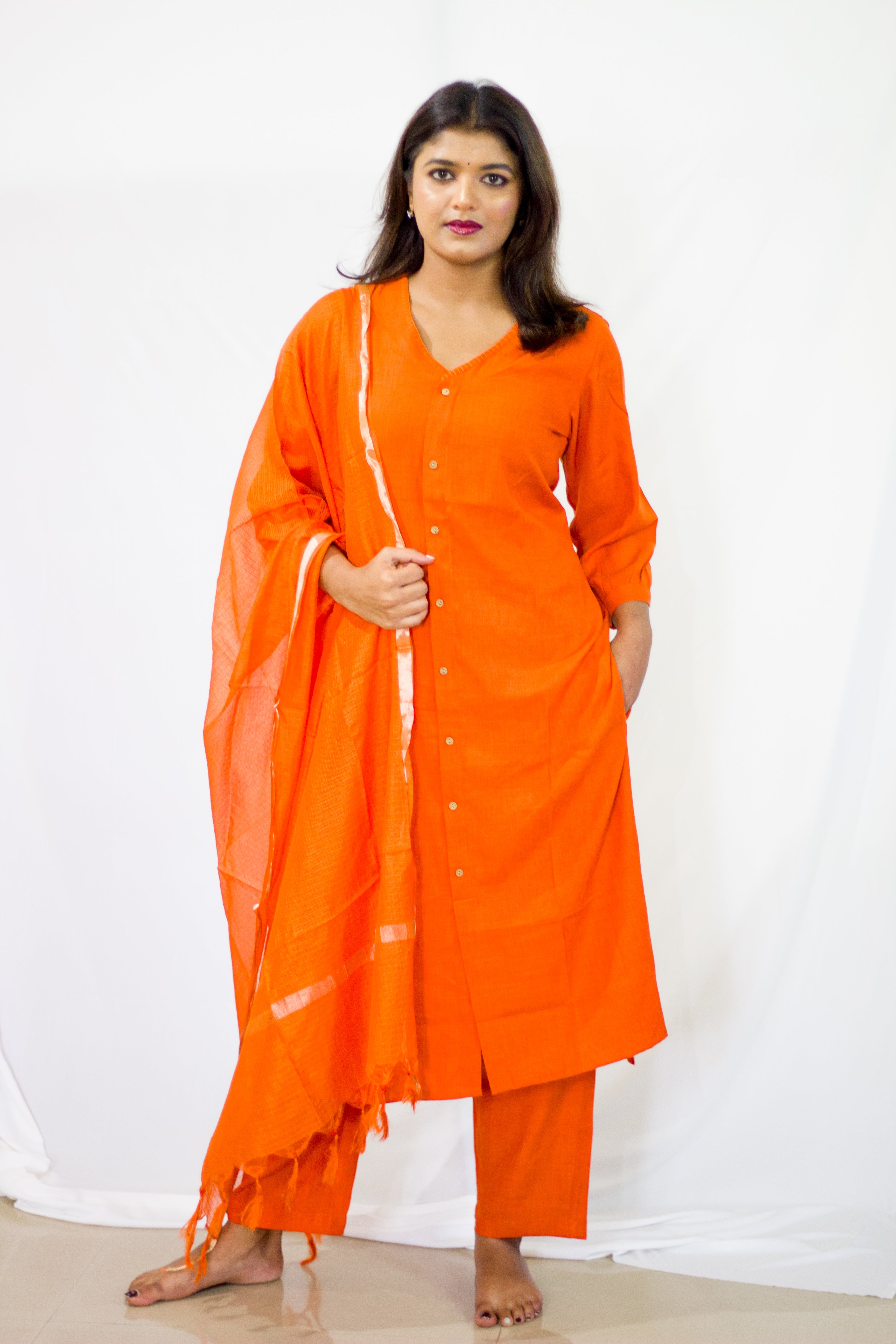 Linen Orange Coloured Salwar 3 Pcs Sets