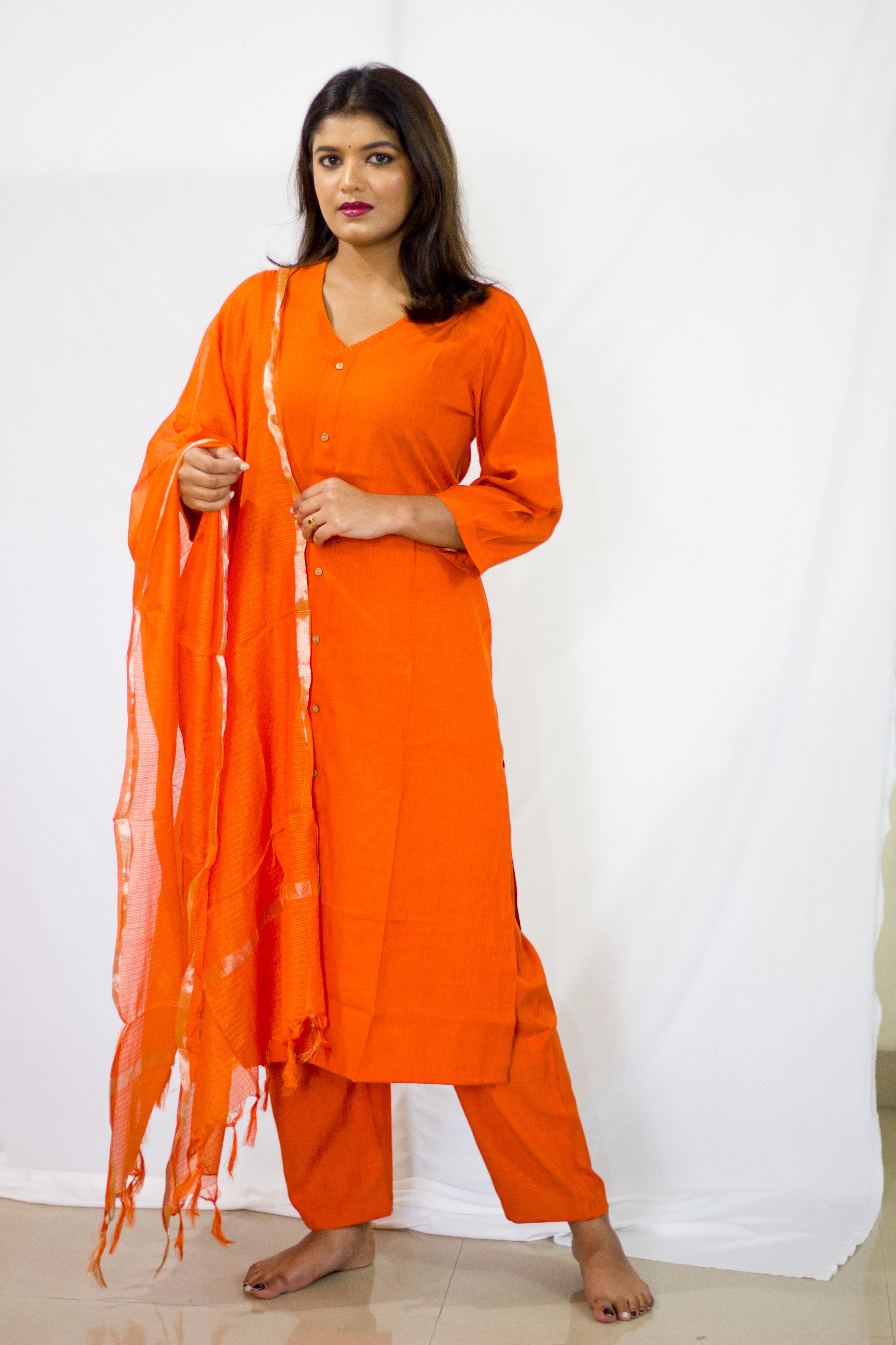 Linen Orange Coloured Salwar 3 Pcs Sets