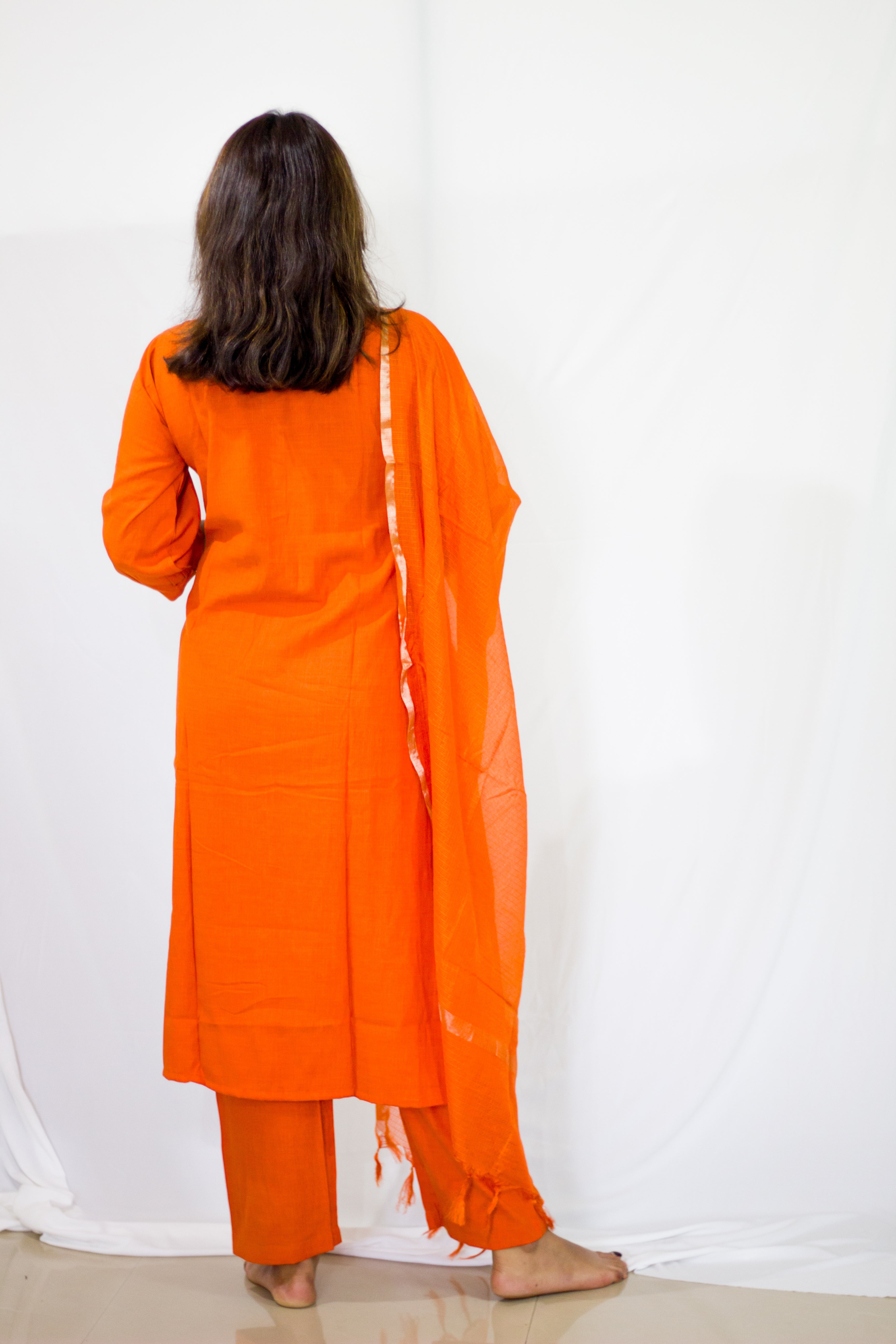 Linen Orange Coloured Salwar 3 Pcs Sets