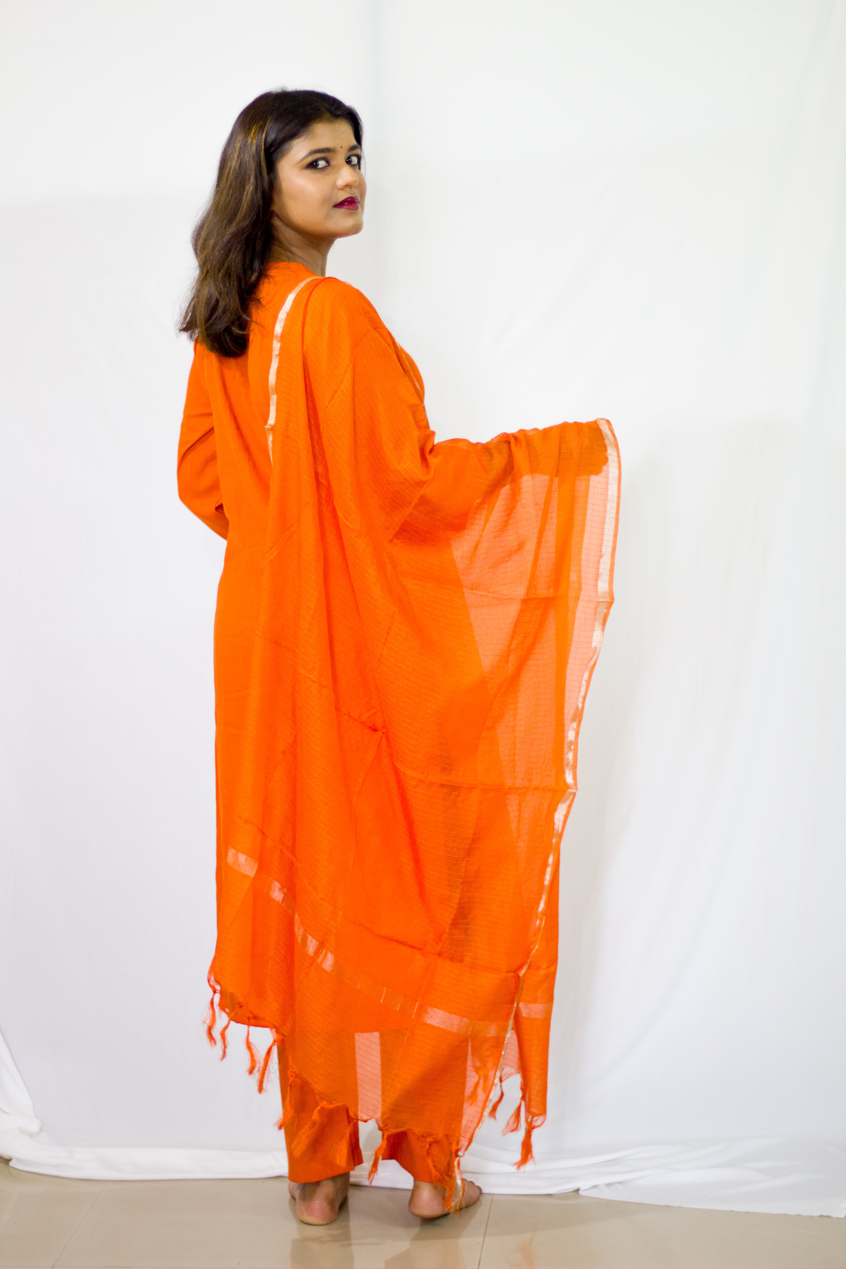 Linen Orange Coloured Salwar 3 Pcs Sets