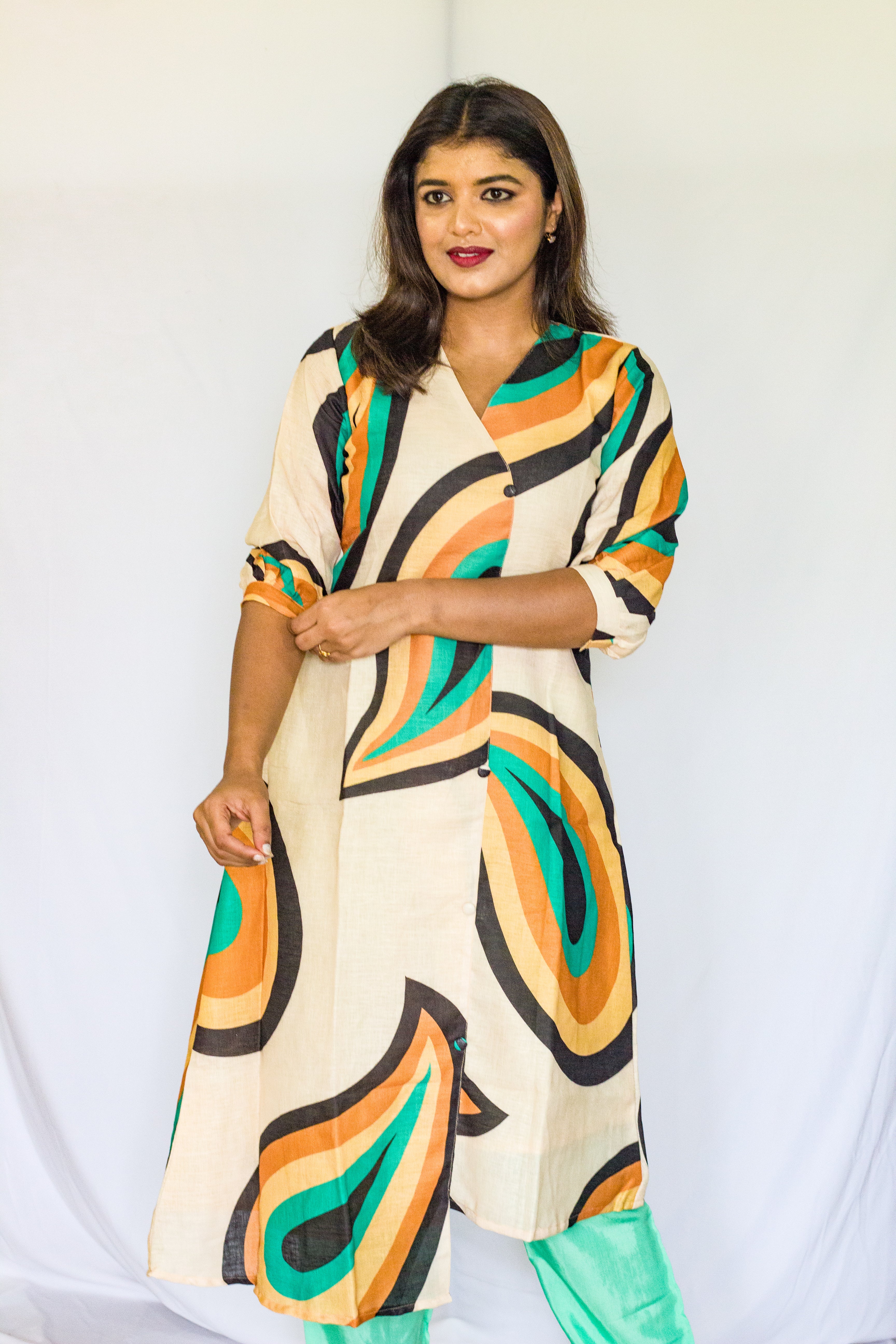 Geometric Pattern Linen A Line Single Piece Dress