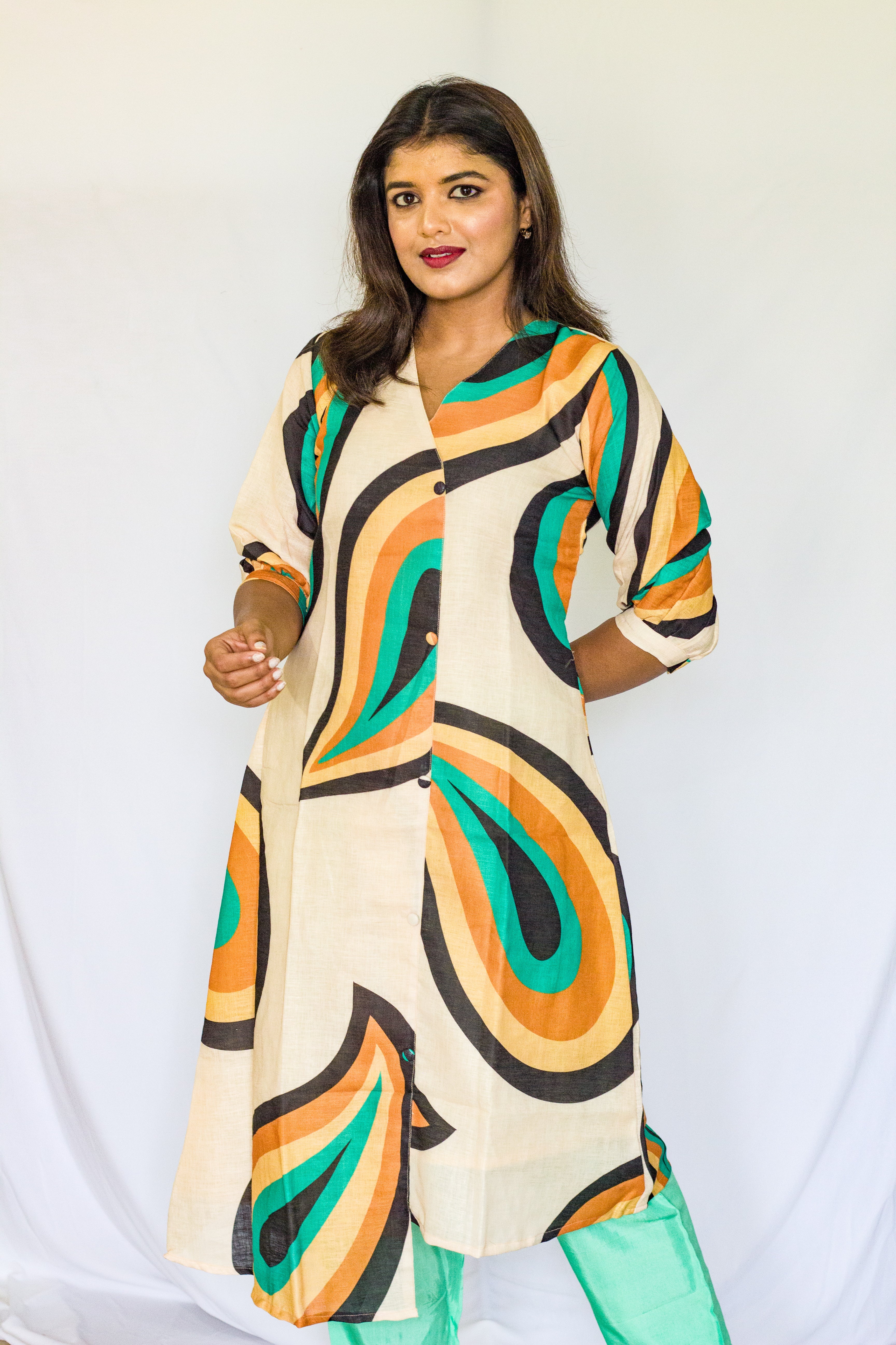 Geometric Pattern Linen A Line Single Piece Dress