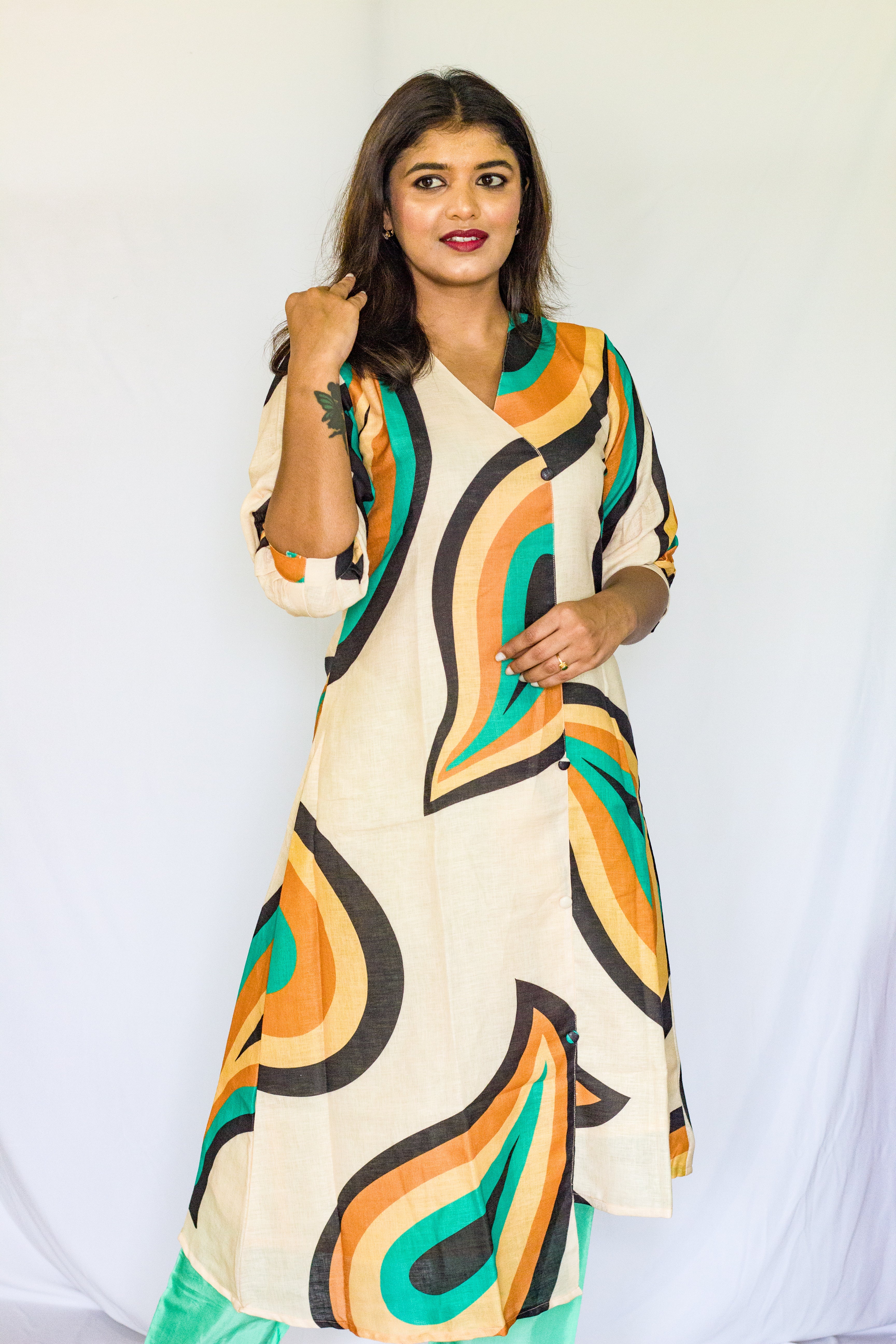 Geometric Pattern Linen A Line Single Piece Dress