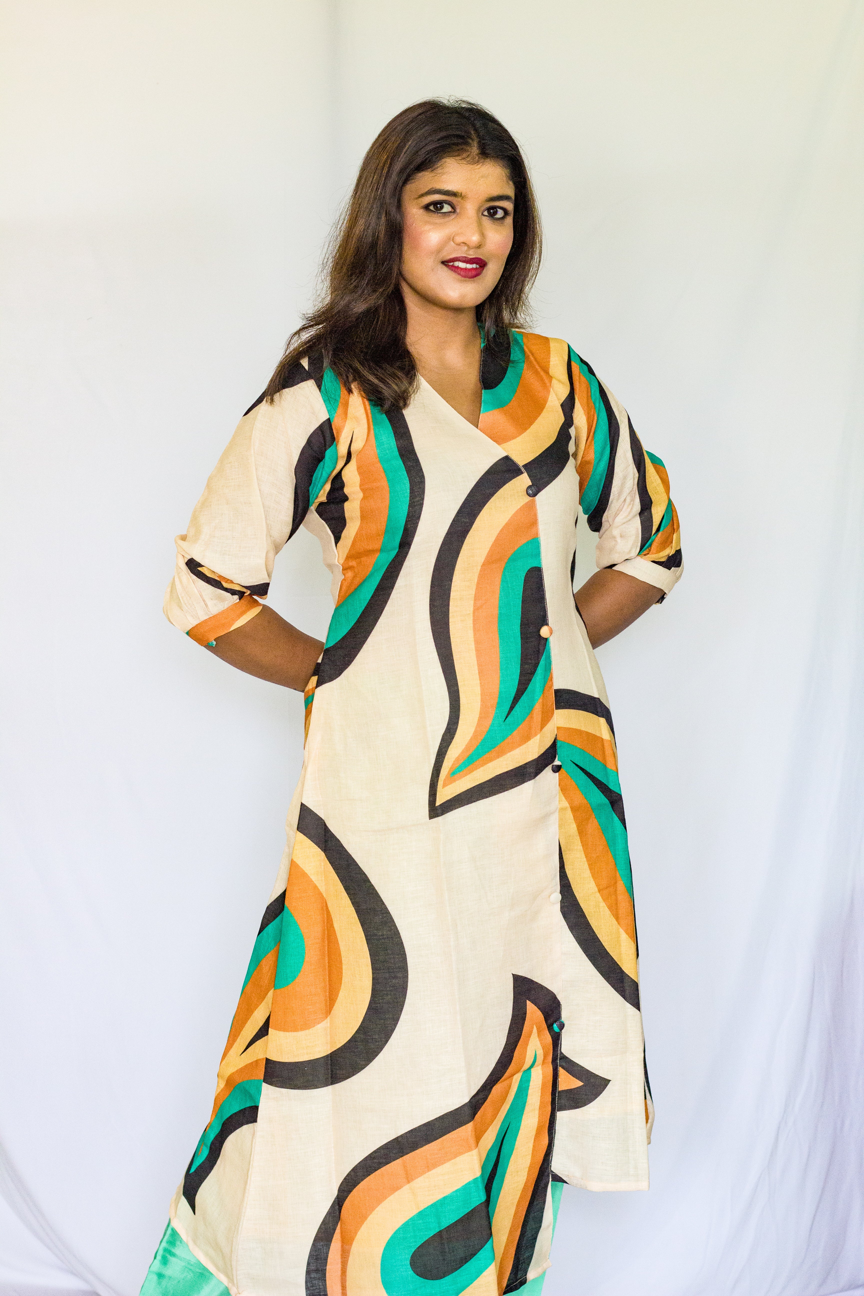 Geometric Pattern Linen A Line Single Piece Dress