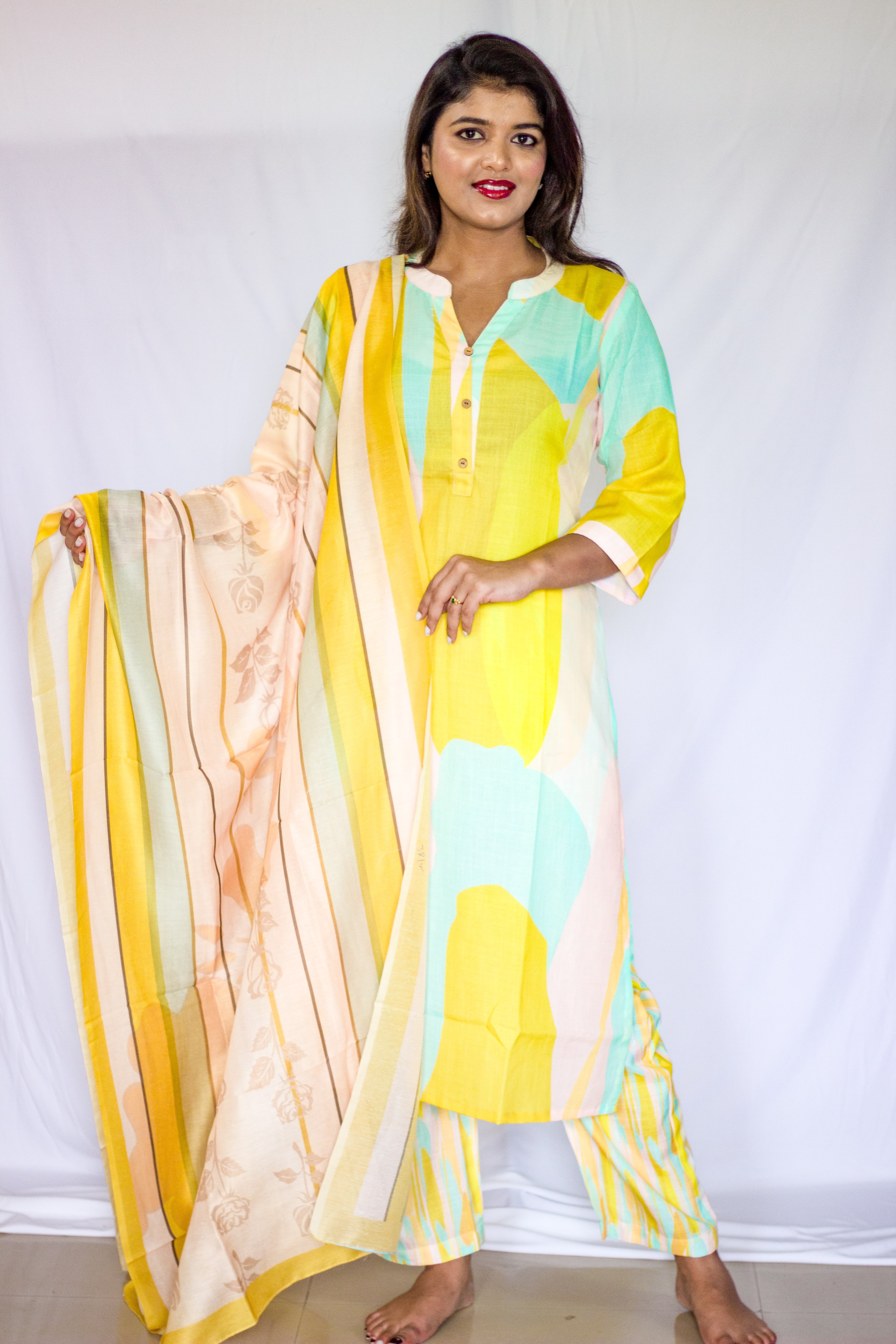 Linen Yellow dominated Multicolored Salwar 3 Pcs Sets