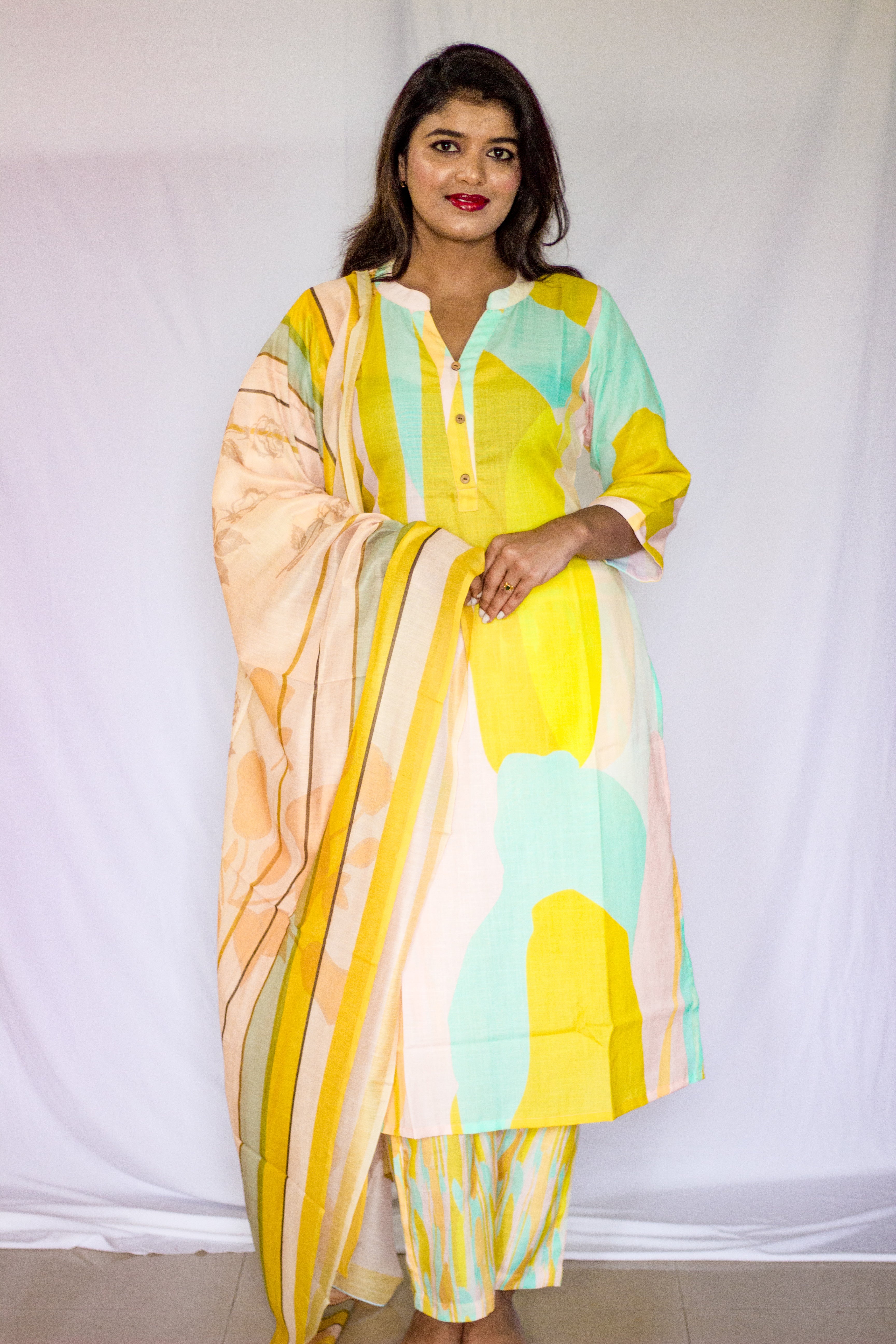 Linen Yellow dominated Multicolored Salwar 3 Pcs Sets