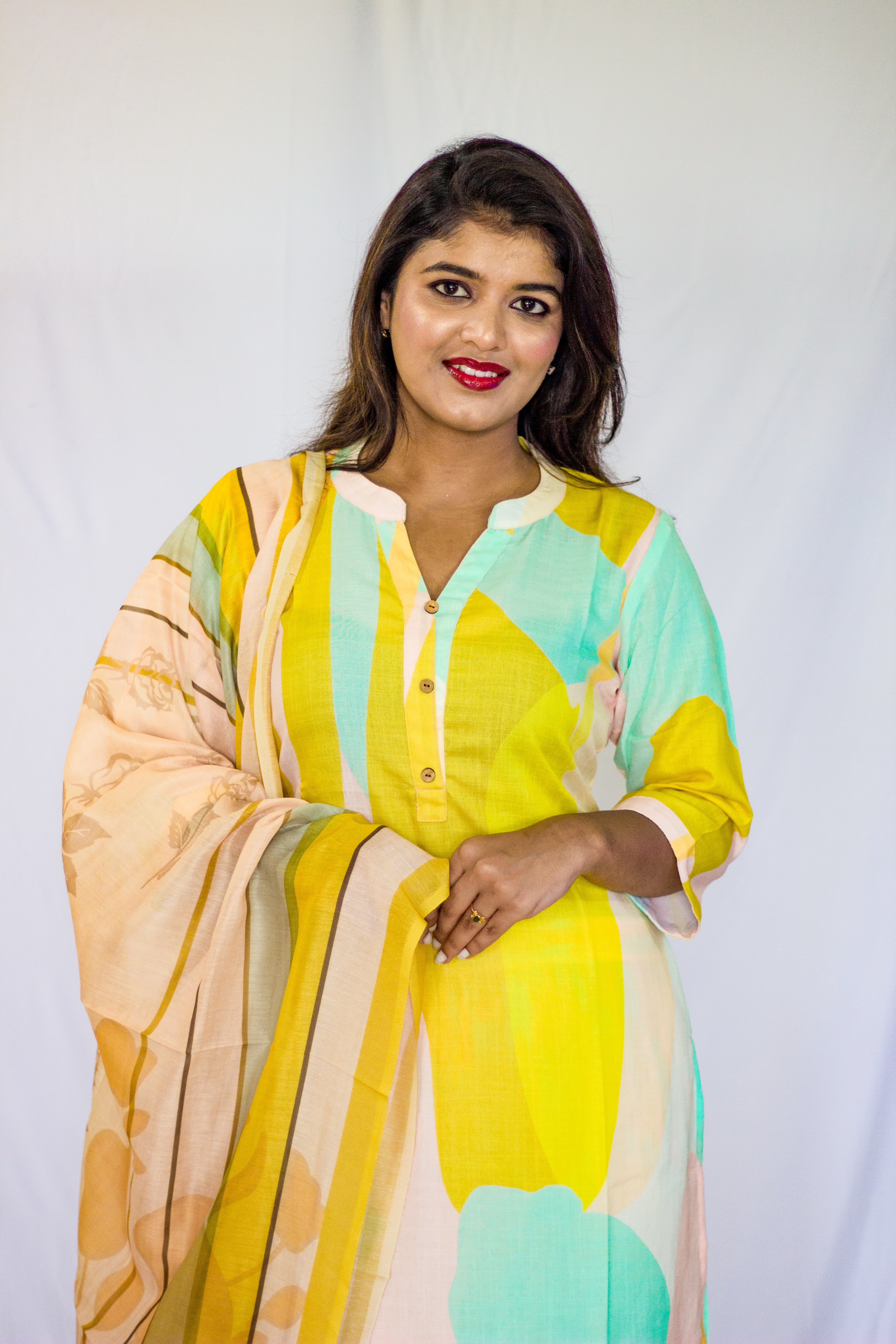 Linen Yellow dominated Multicolored Salwar 3 Pcs Sets