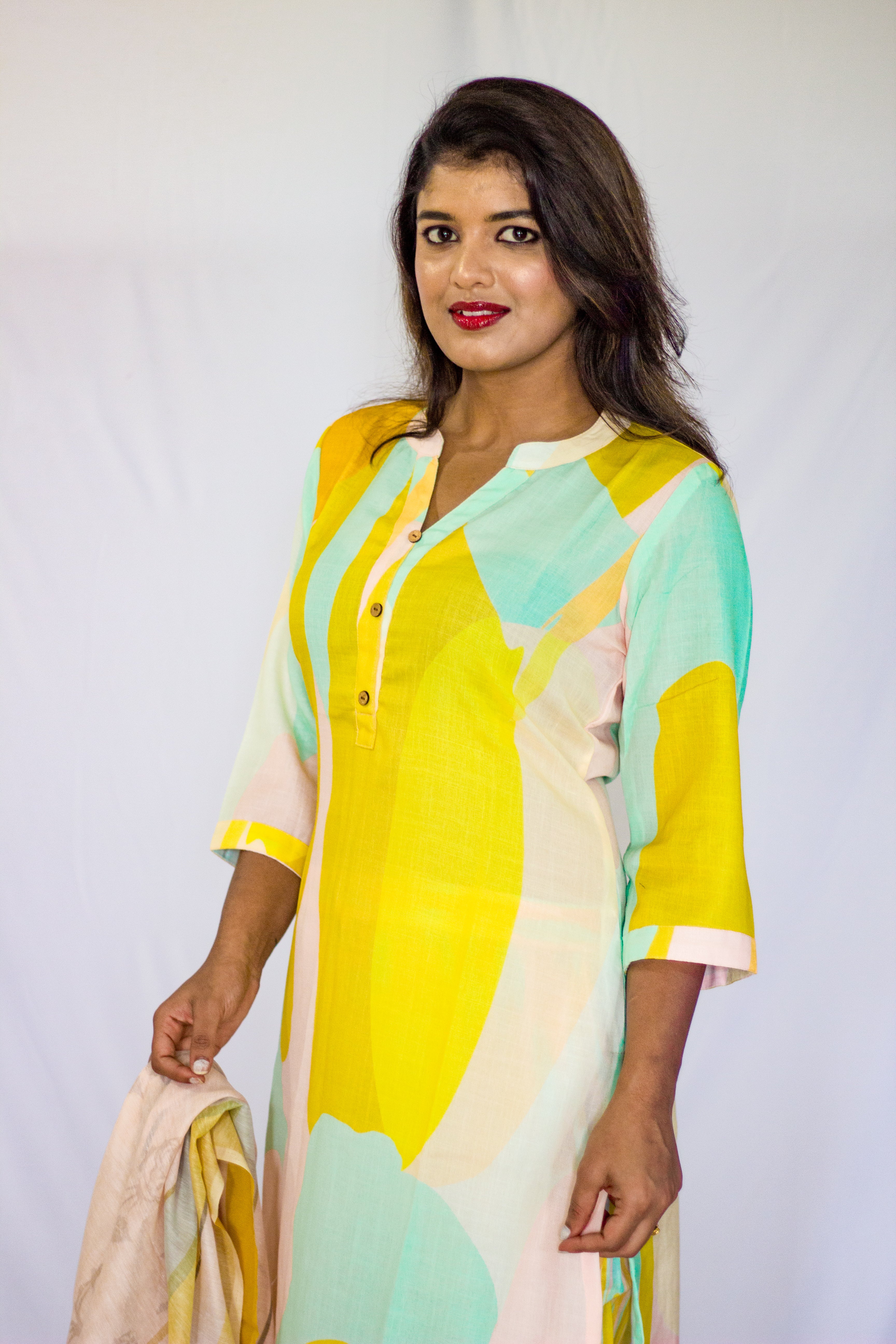 Linen Yellow dominated Multicolored Salwar 3 Pcs Sets