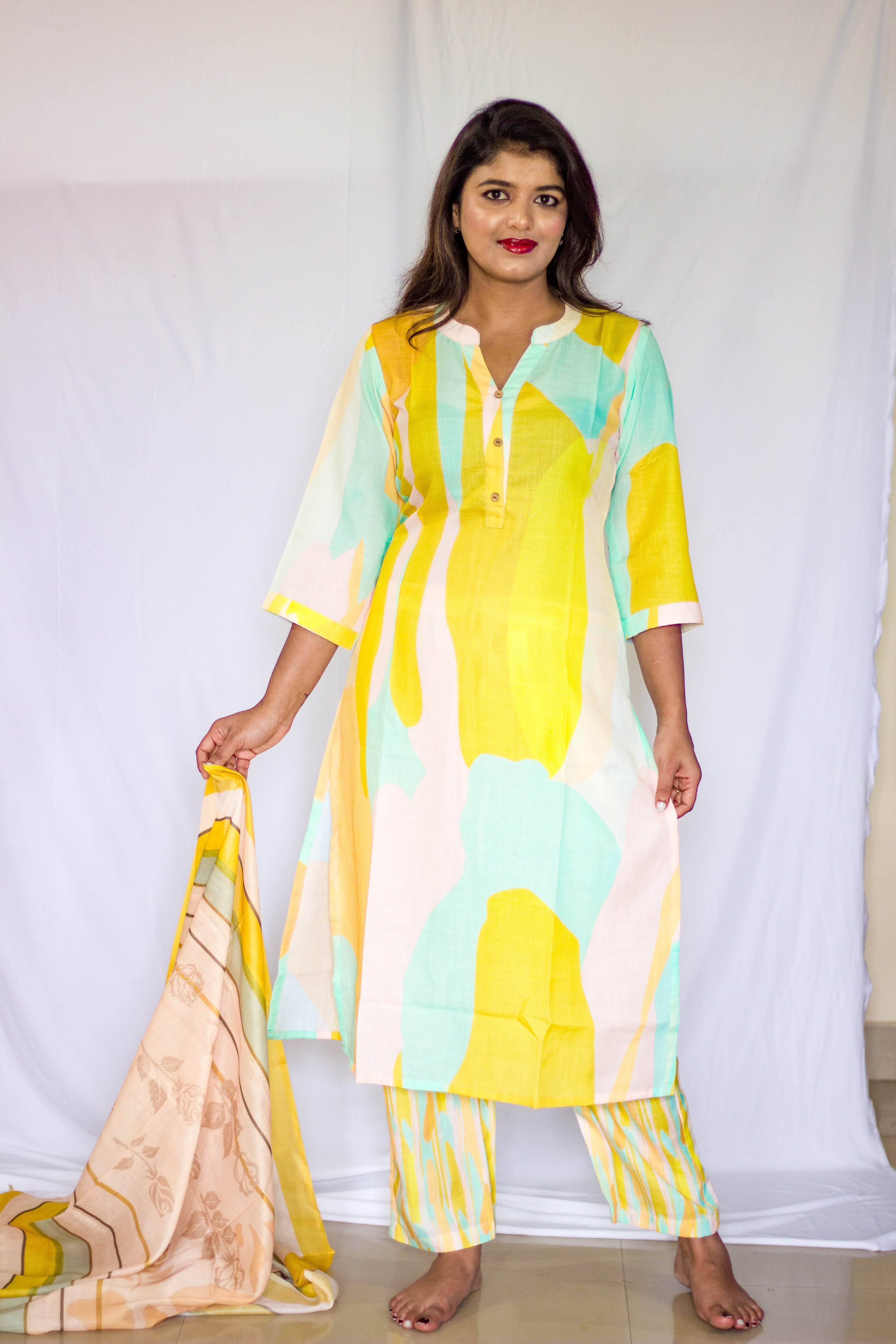 Linen Yellow dominated Multicolored Salwar 3 Pcs Sets