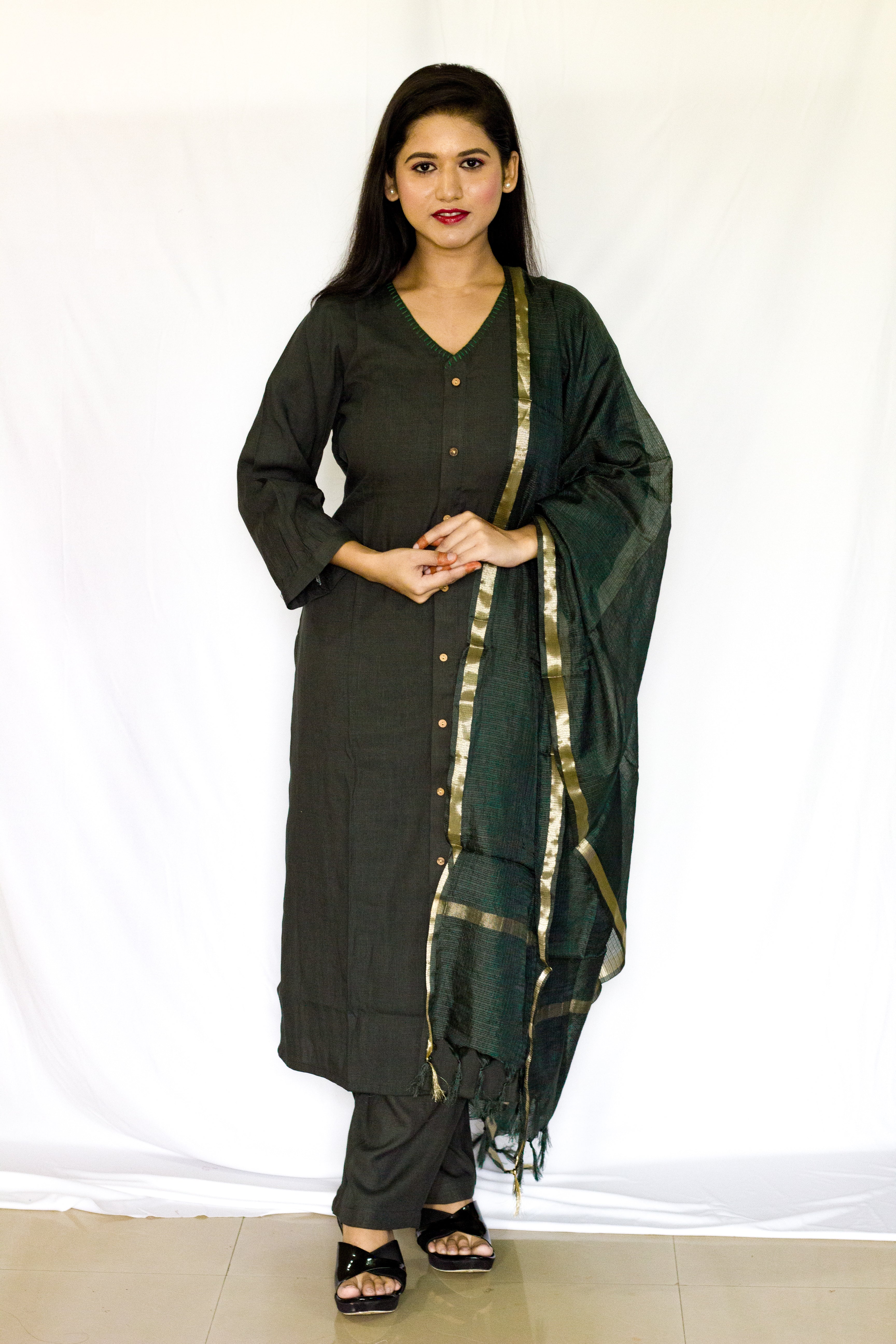 Grey Colored Linen 3 Pcs Salwar Set