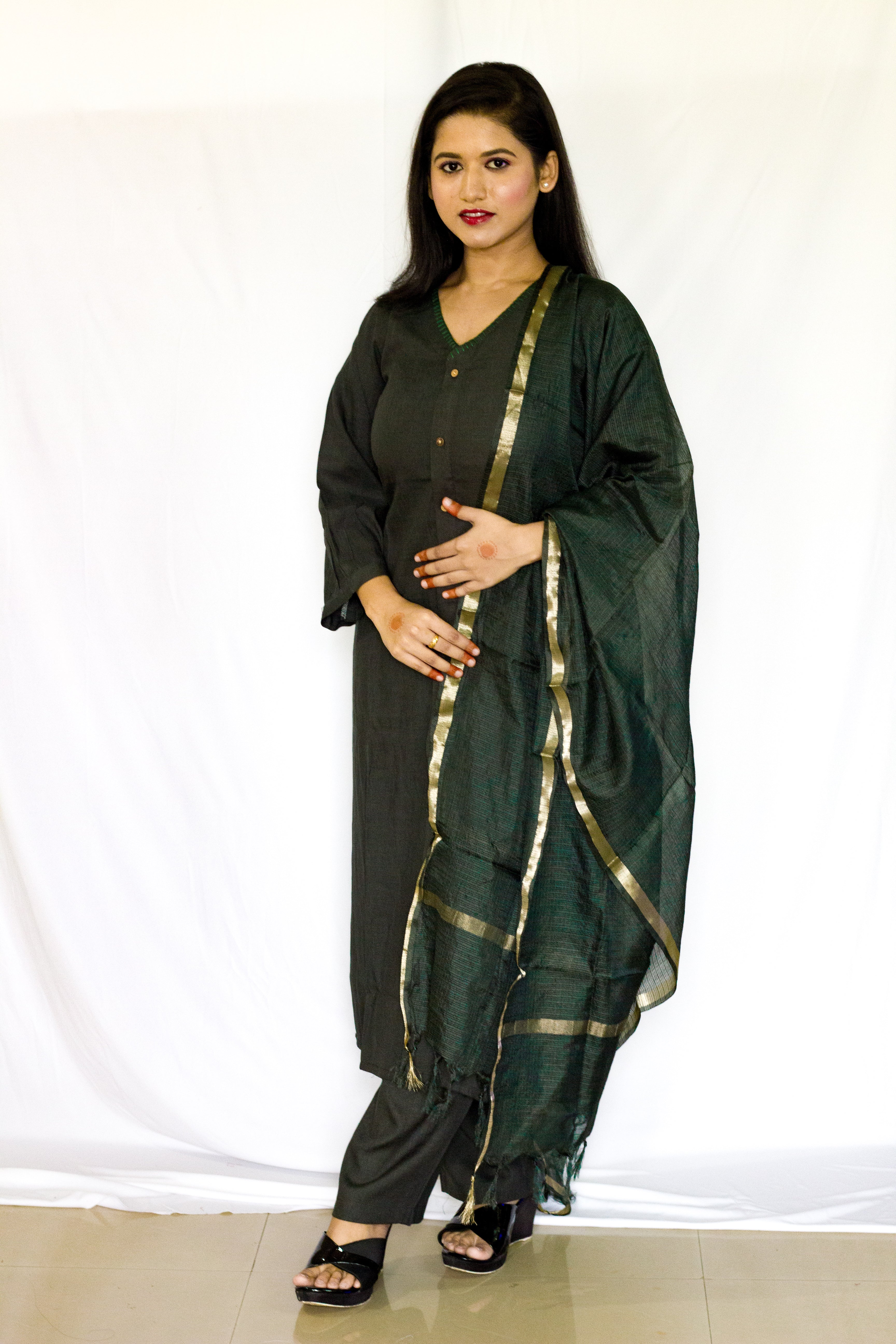 Grey Colored Linen 3 Pcs Salwar Set