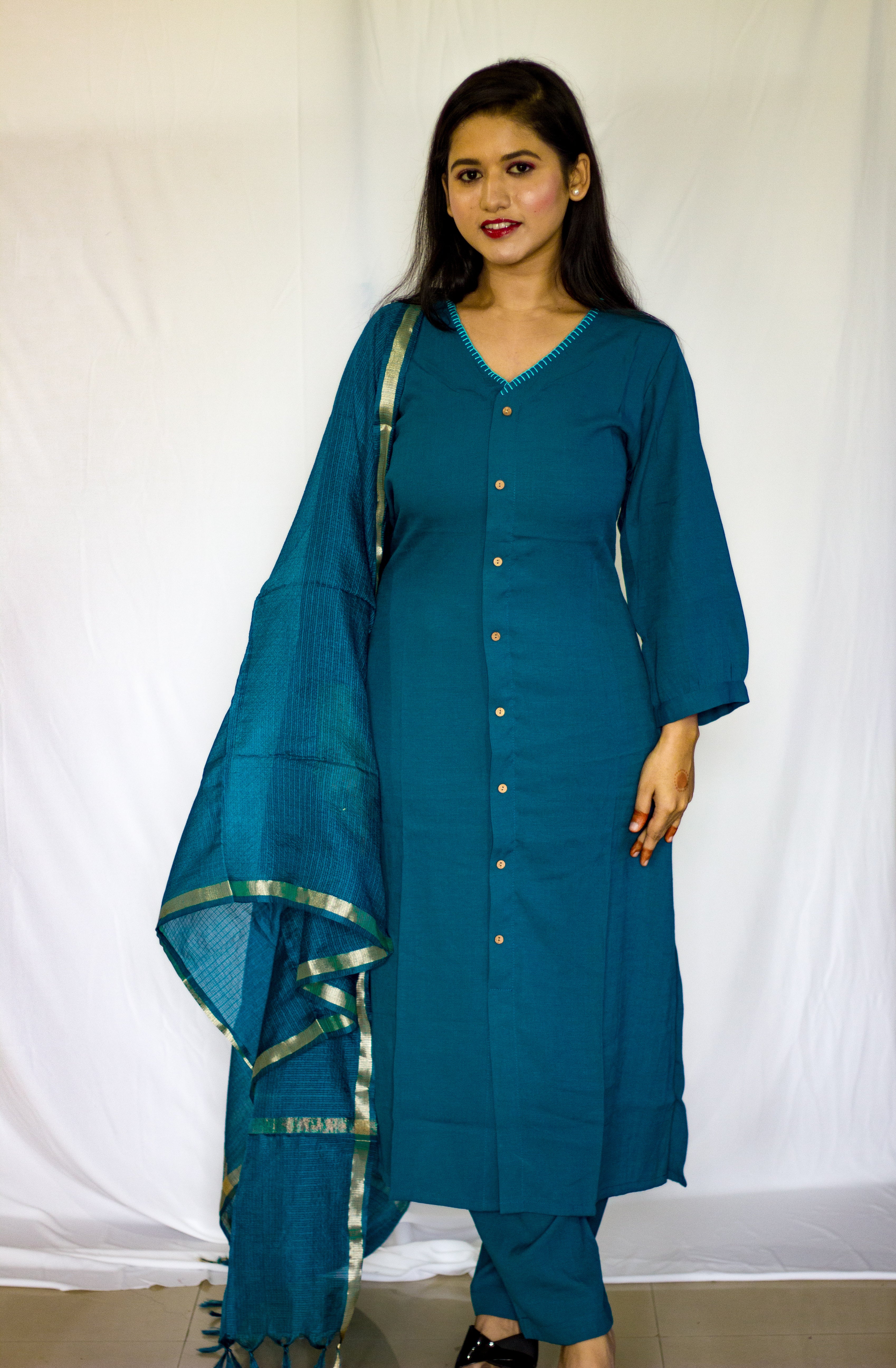 Rama Blue Linen Salwar 3 Pcs Set