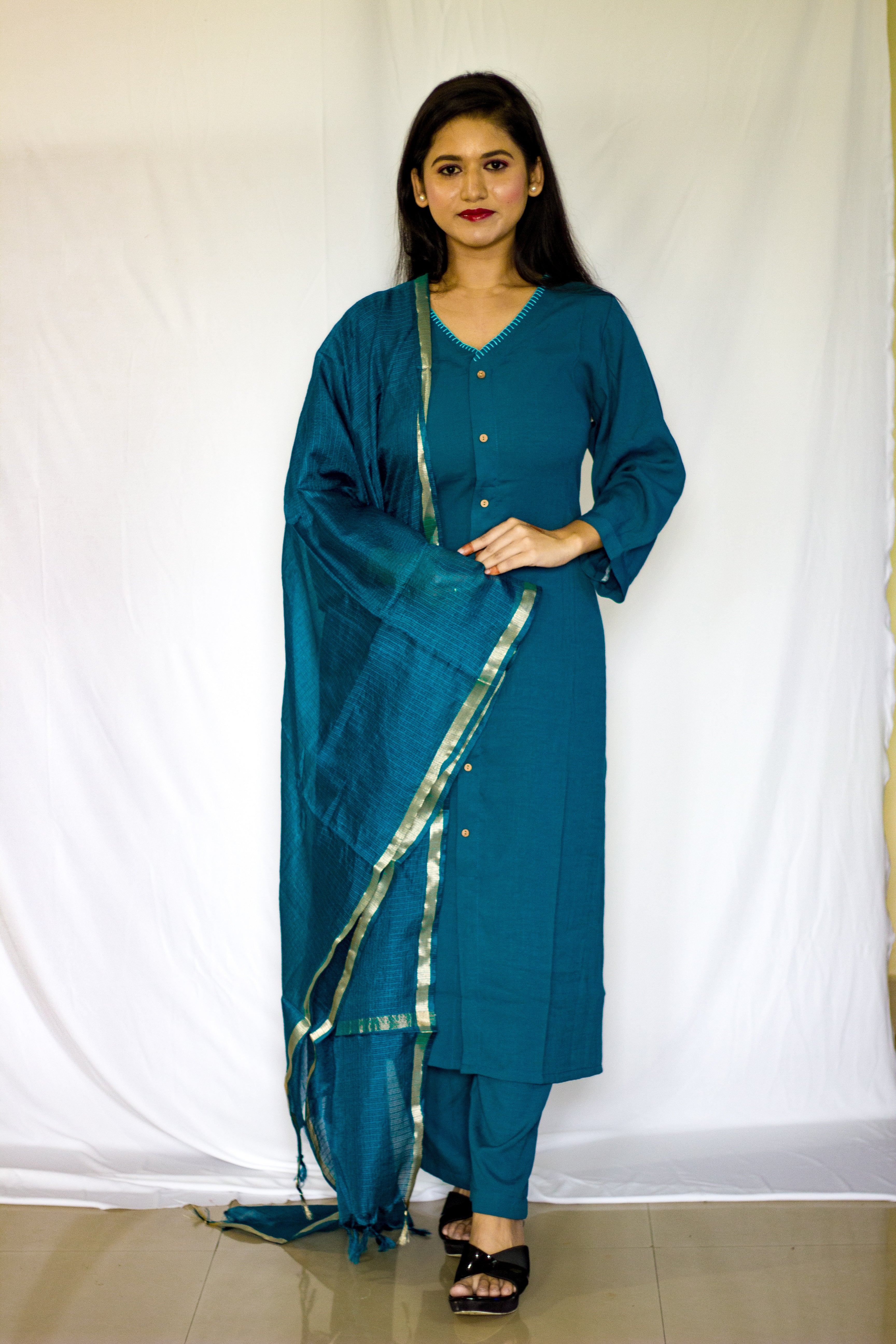 Rama Blue Linen Salwar 3 Pcs Set