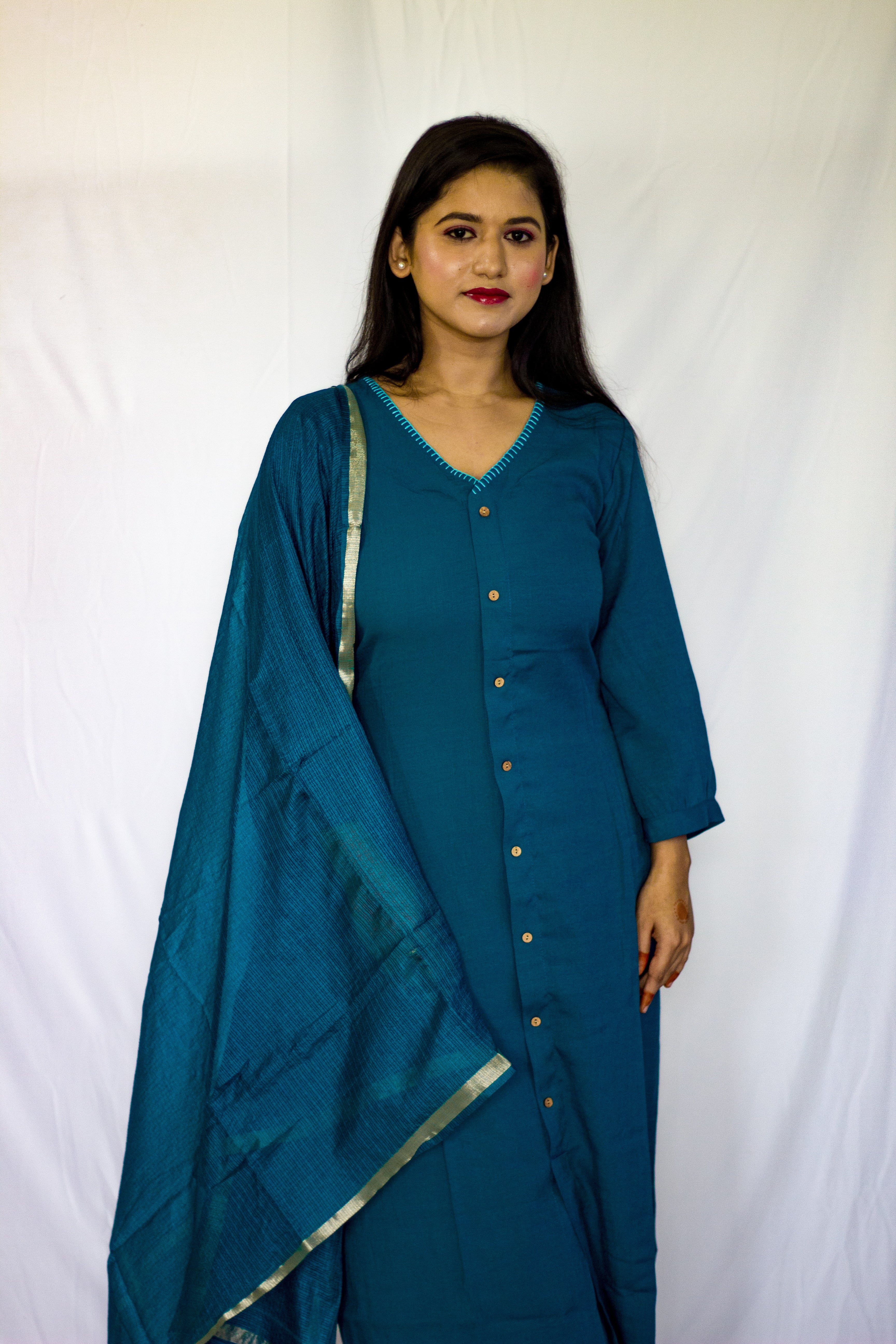 Rama Blue Linen Salwar 3 Pcs Set