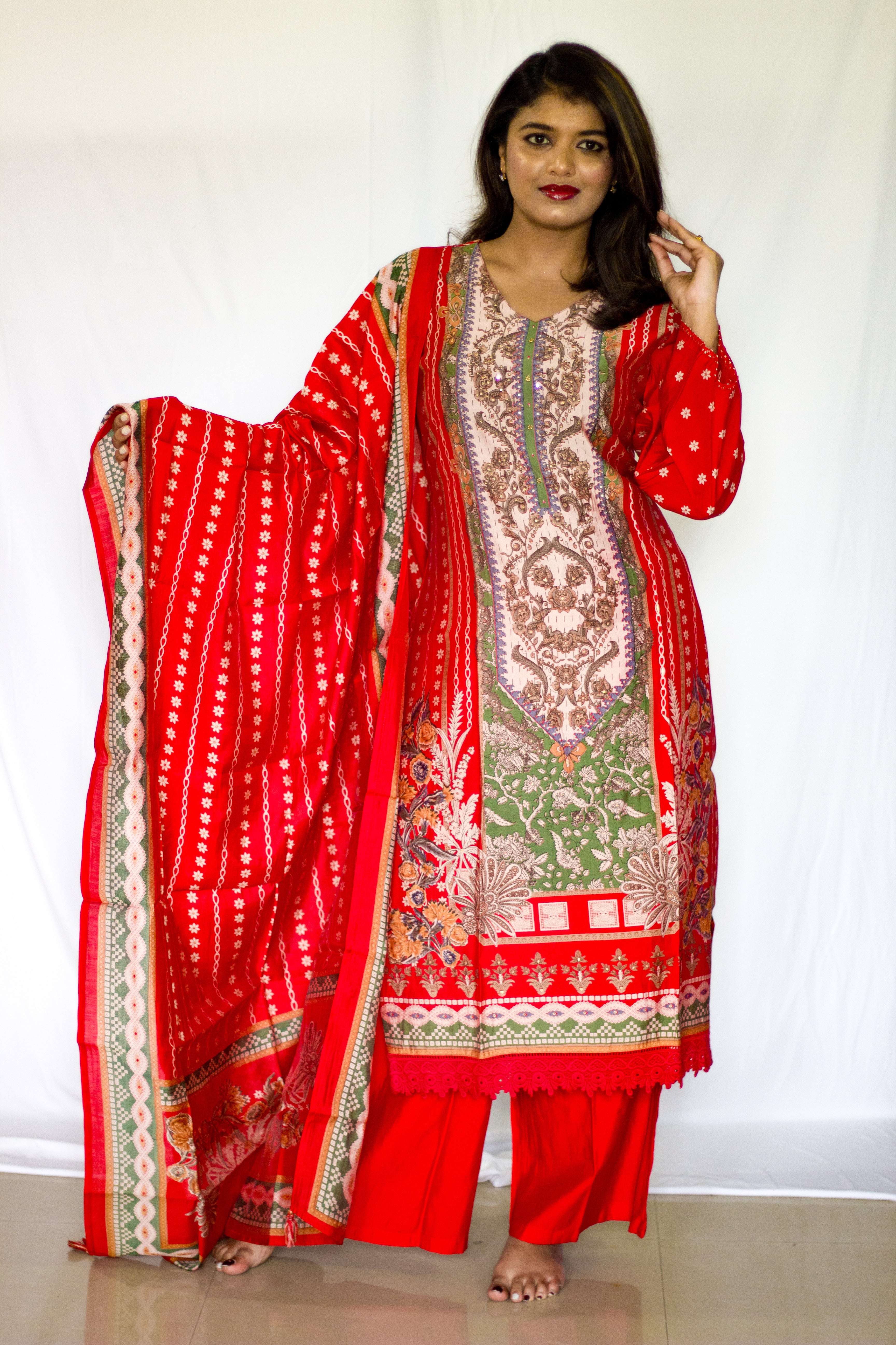 Red Crepe silk  3 Pcs Set