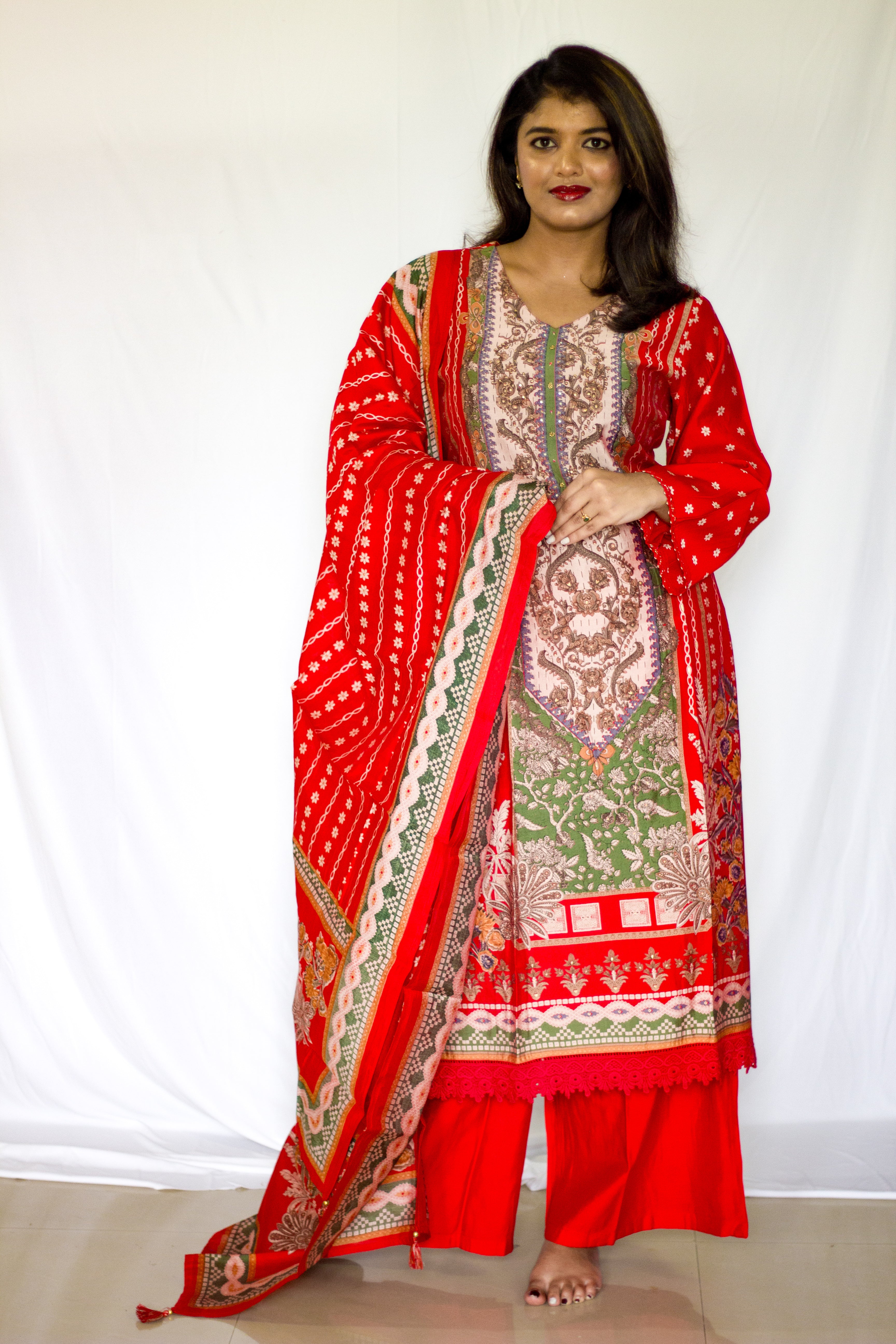 Red Crepe silk  3 Pcs Set