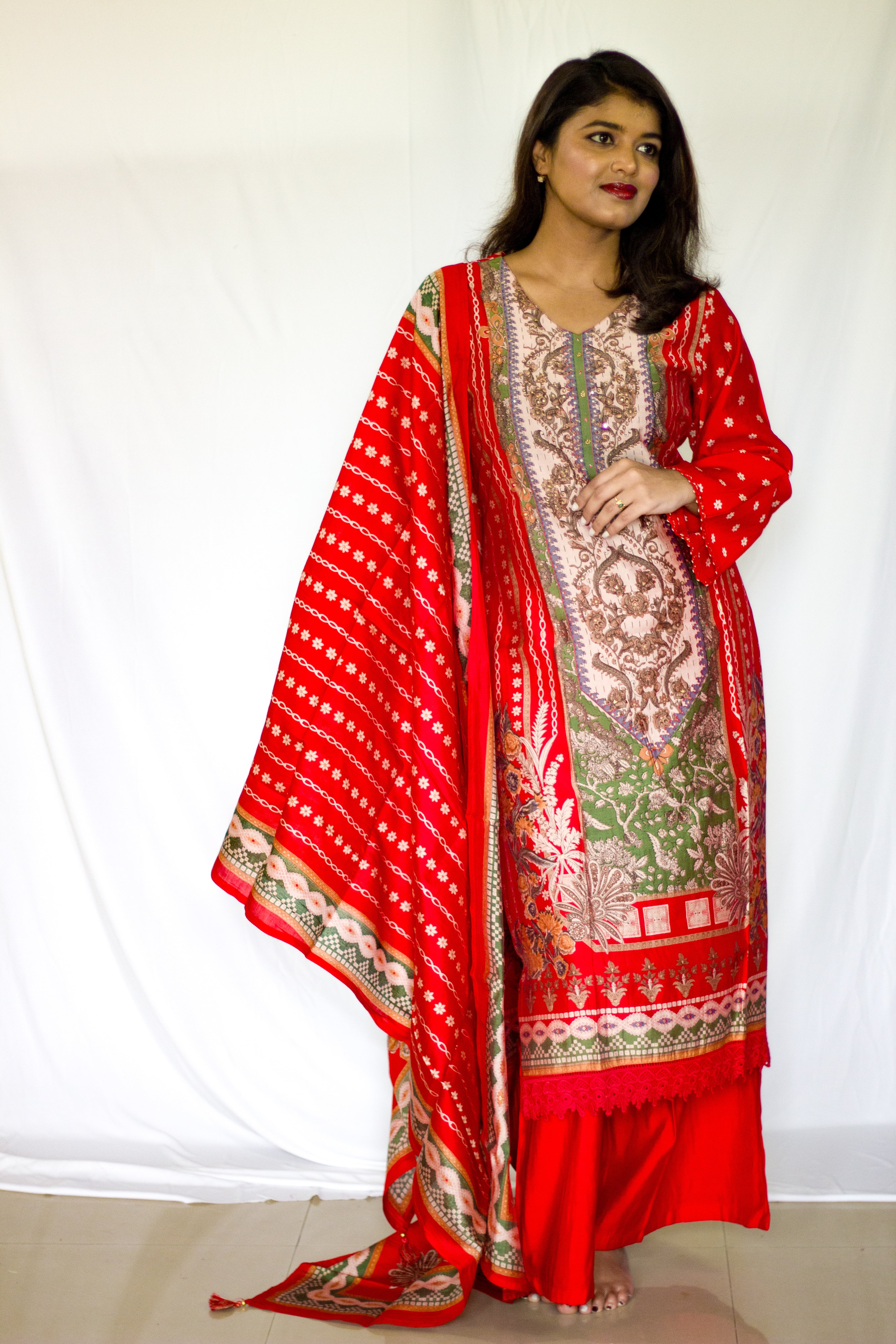 Red Crepe silk  3 Pcs Set