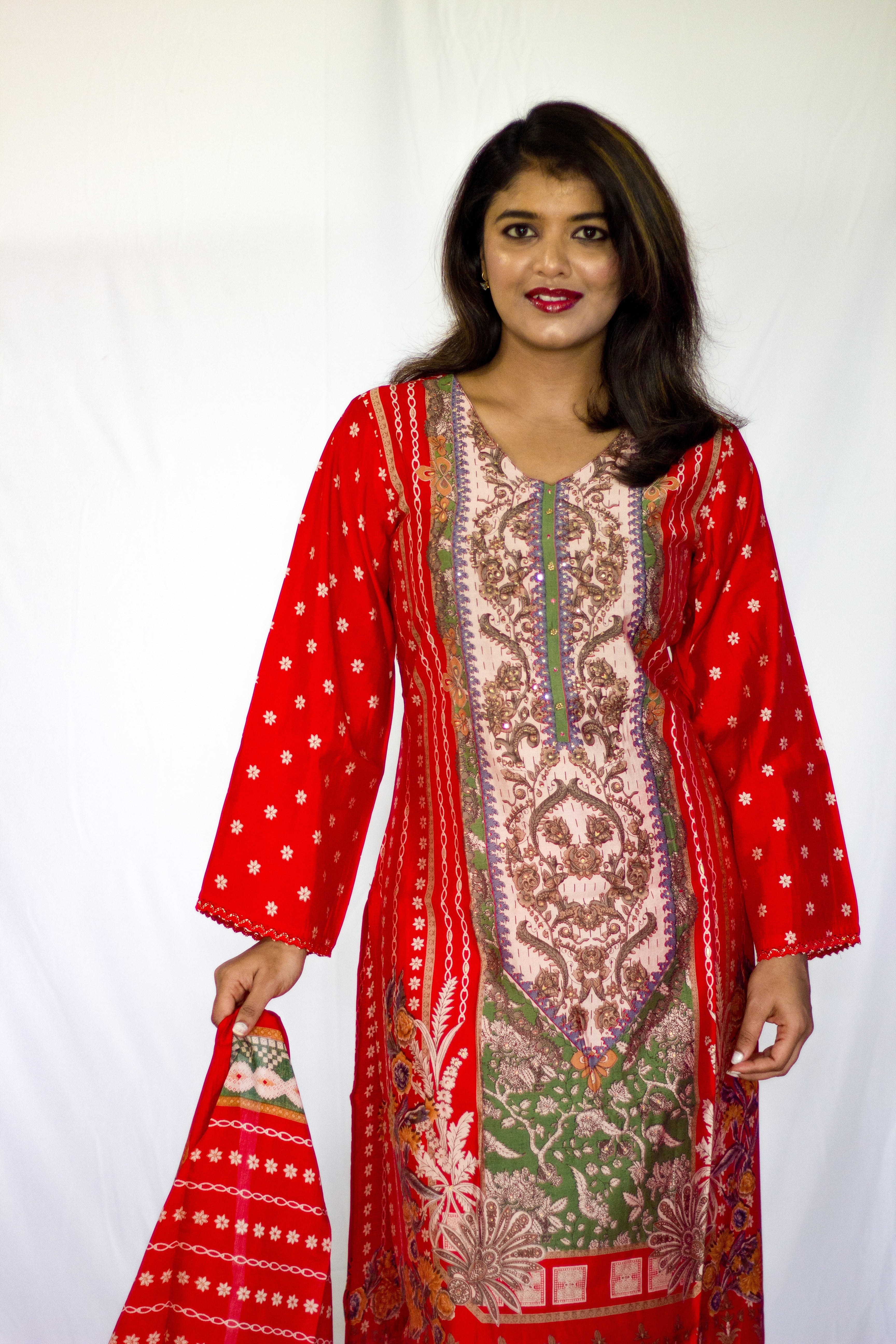 Red Crepe silk  3 Pcs Set