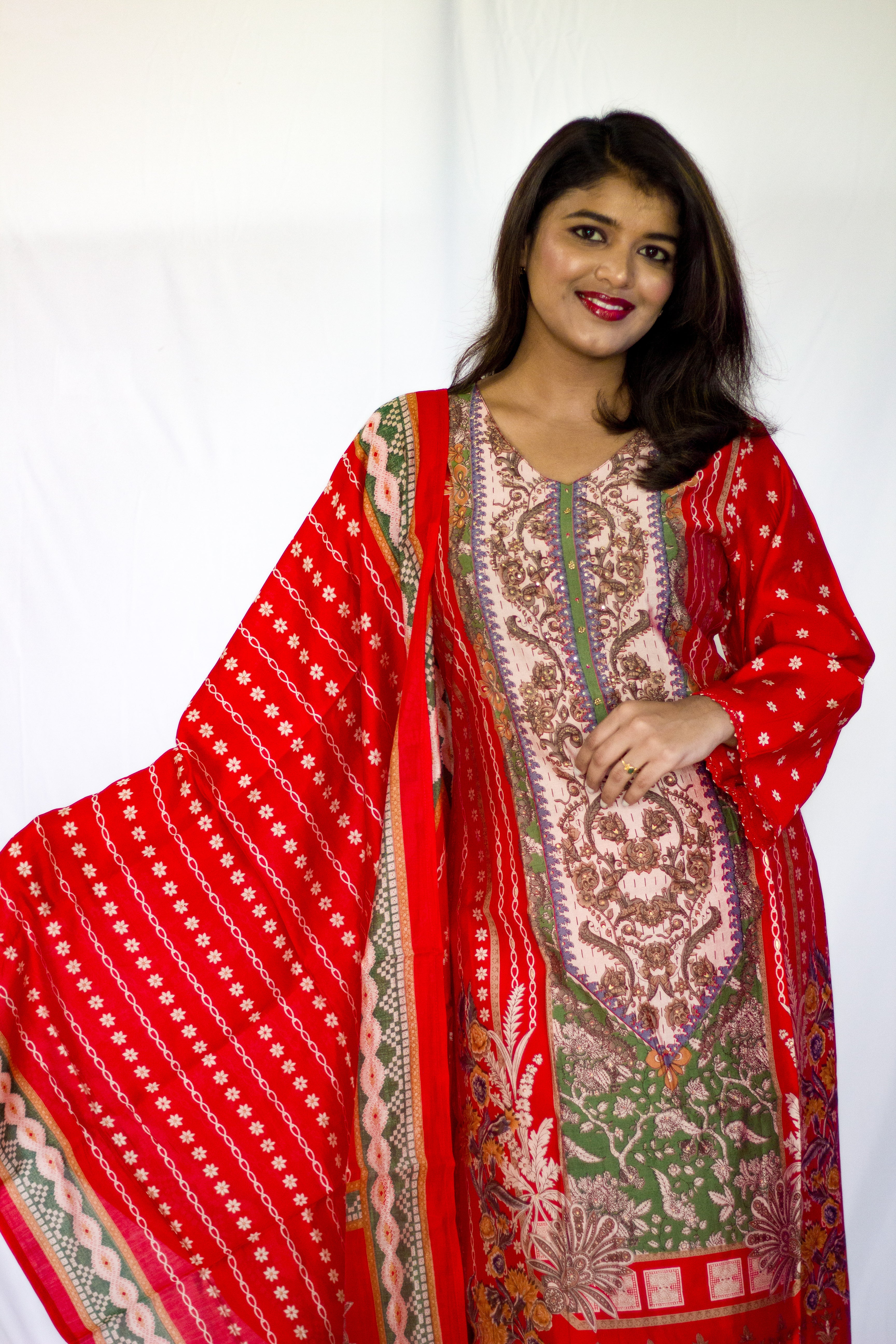 Red Crepe silk  3 Pcs Set