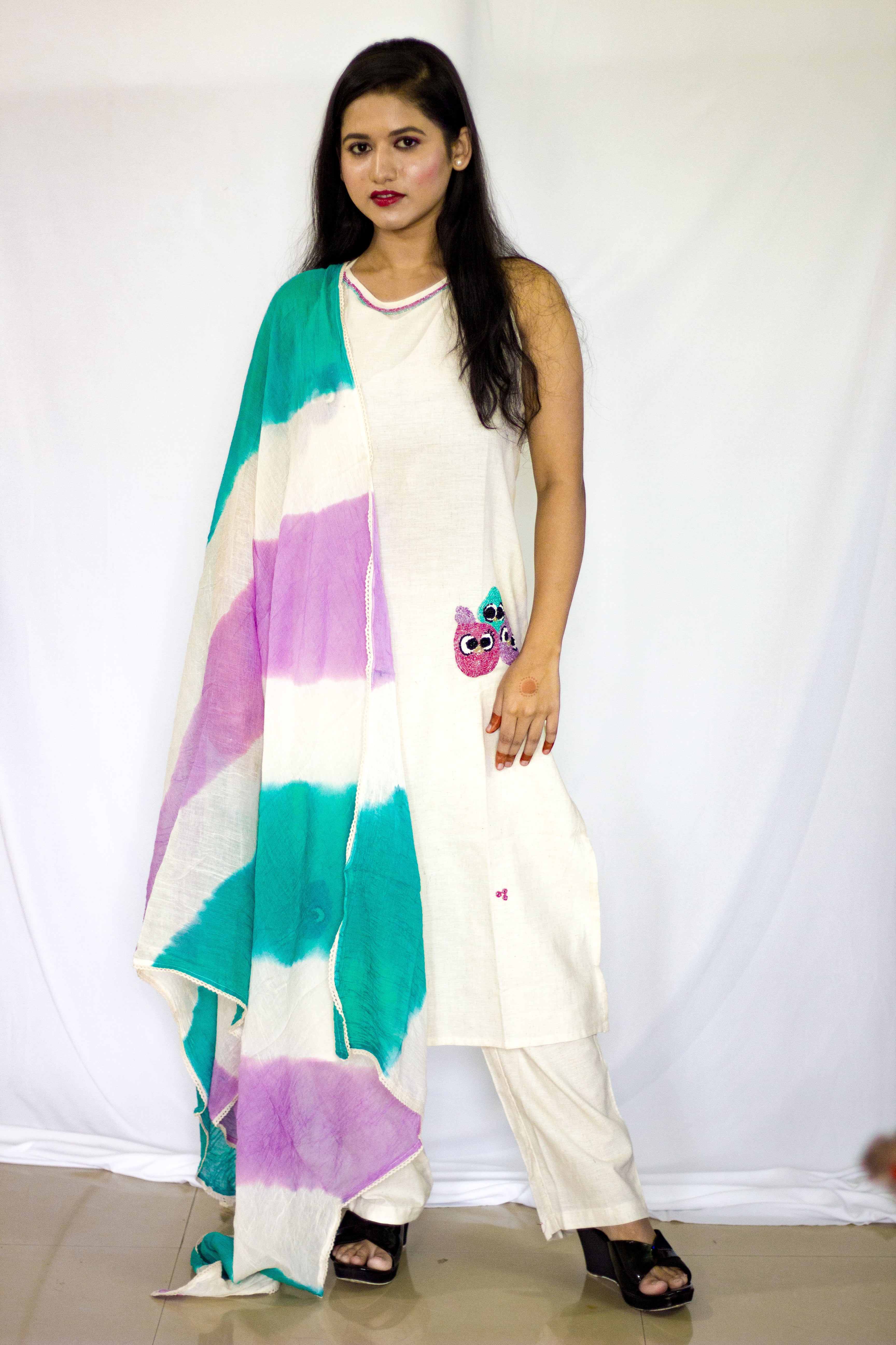 Cotton Beige - Purple combo Kurta 3 Pcs Sets