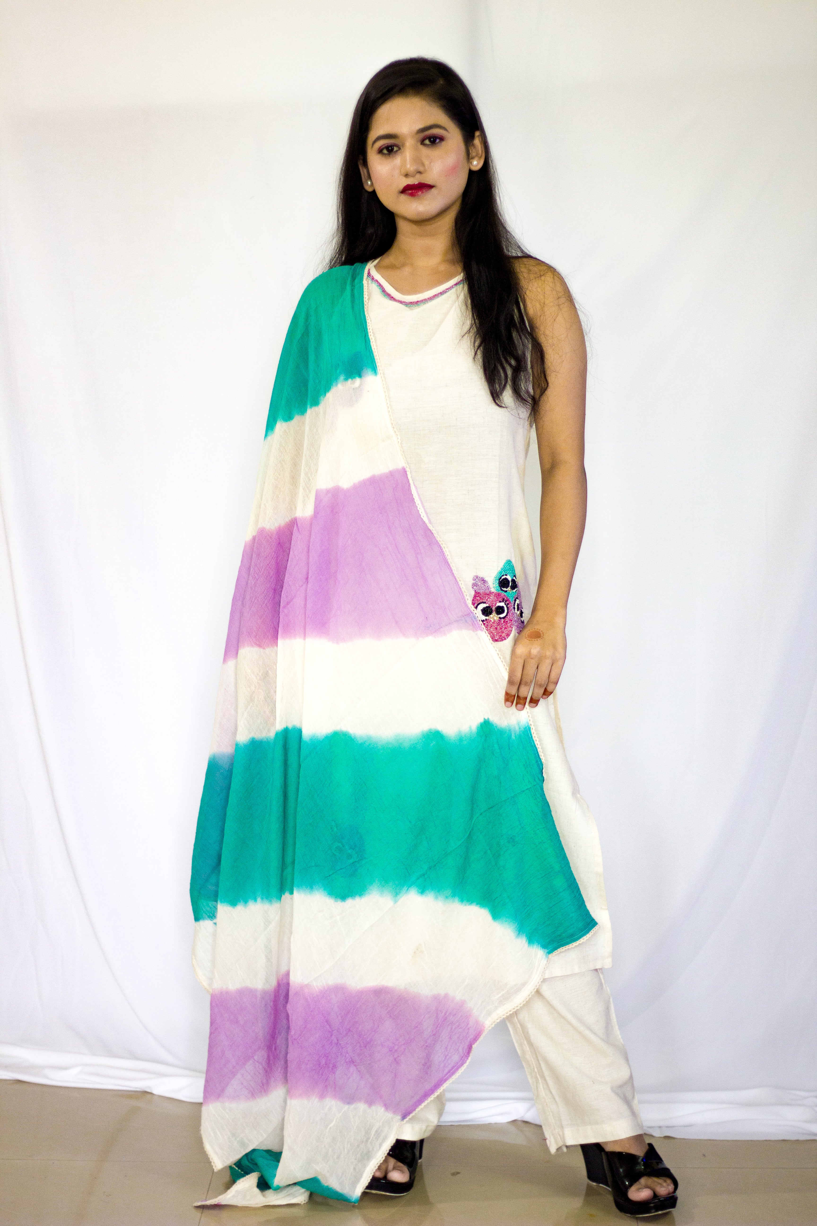 Cotton Beige - Purple combo Kurta 3 Pcs Sets