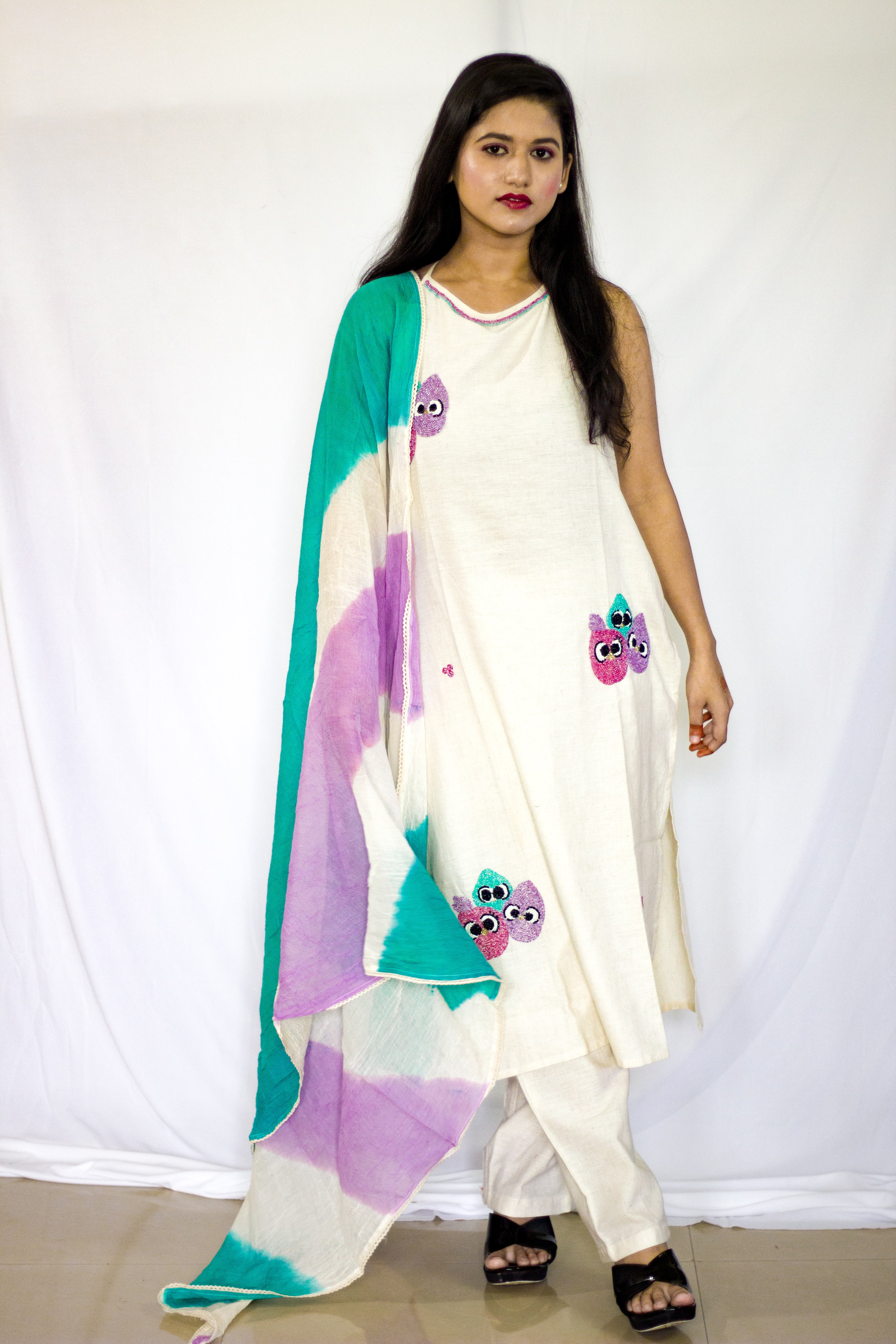 Cotton Beige - Purple combo Kurta 3 Pcs Sets