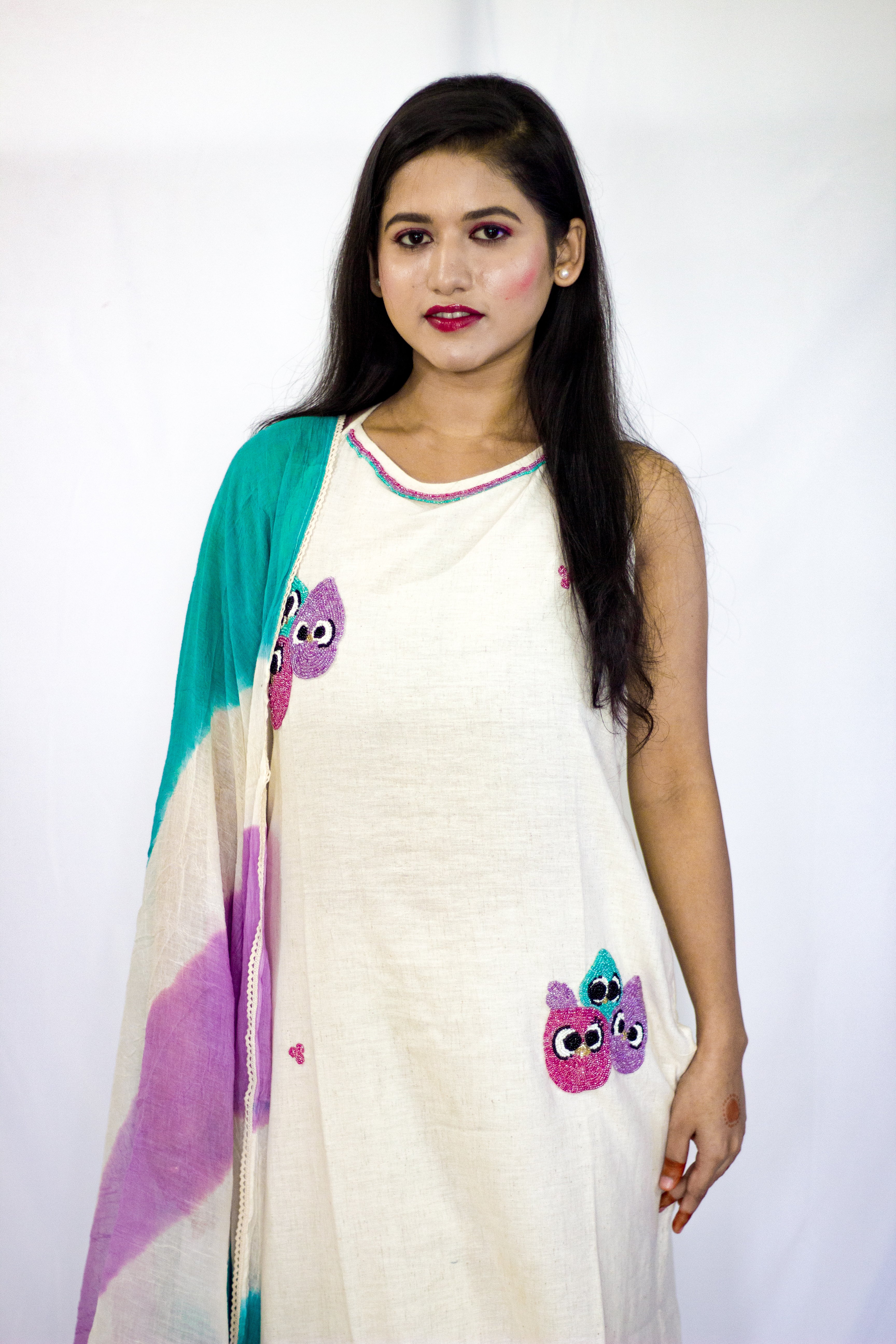 Cotton Beige - Purple combo Kurta 3 Pcs Sets