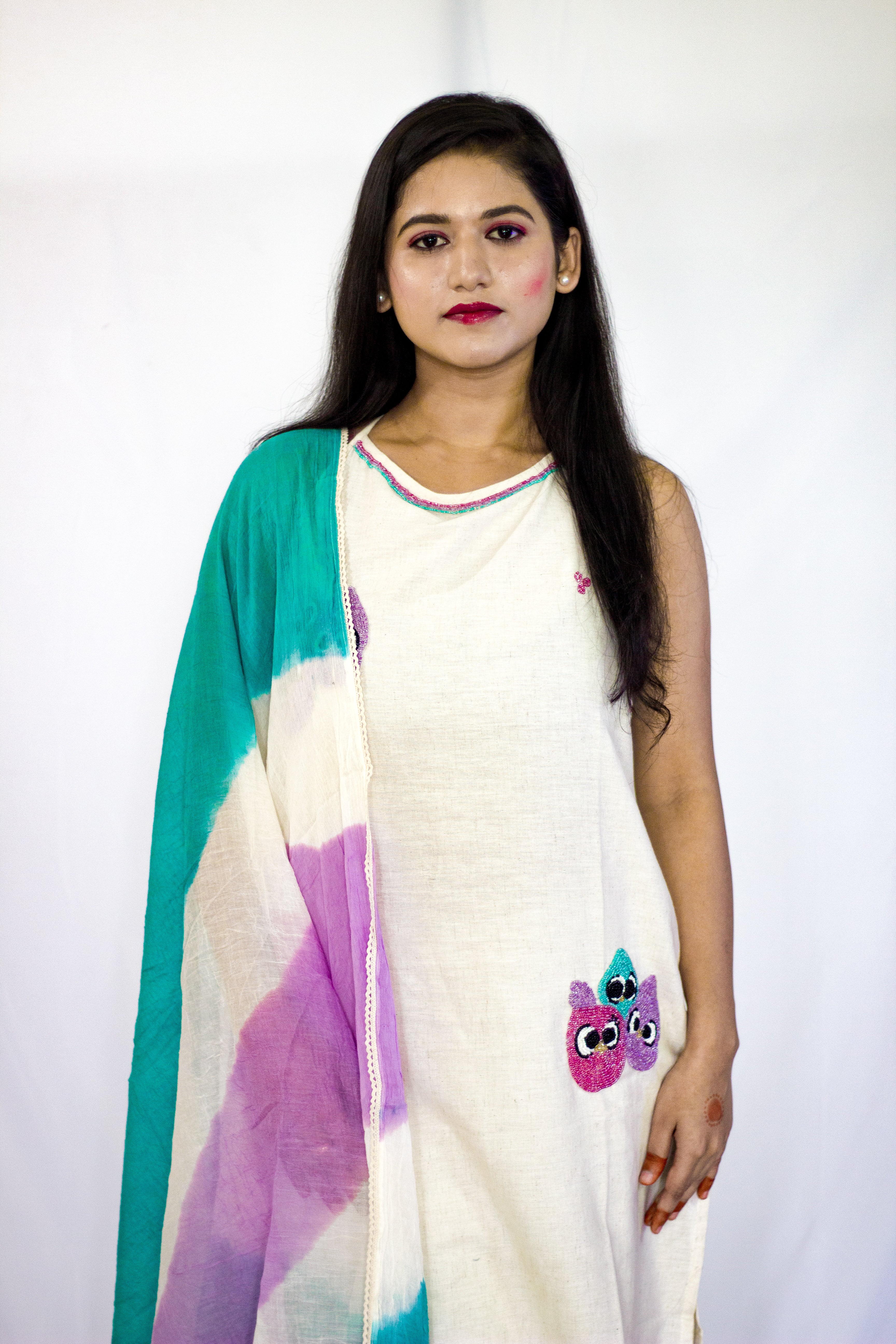 Cotton Beige - Purple combo Kurta 3 Pcs Sets