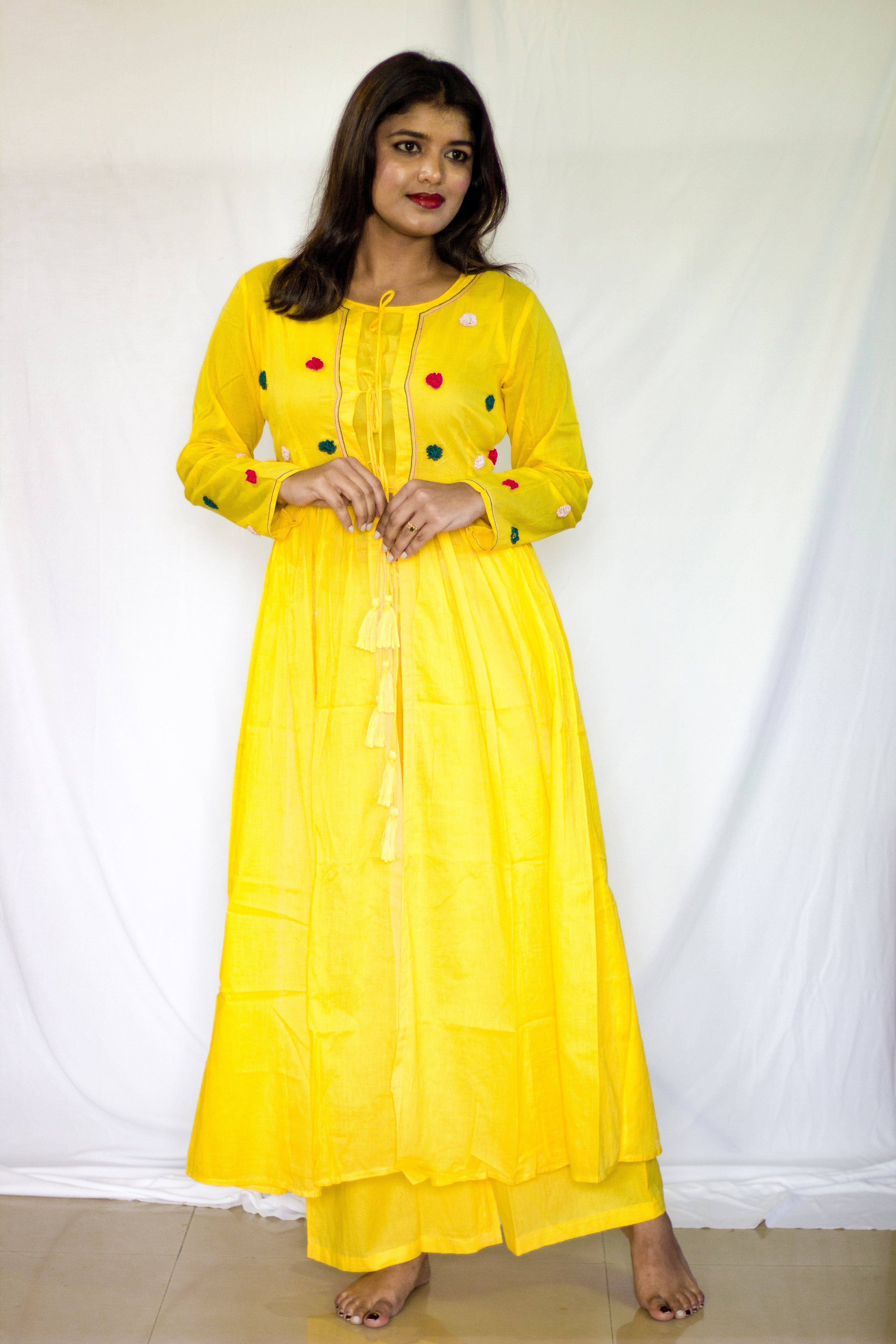 Elegant Yellow Cotton Shrug with short top 3 Pcs Set
