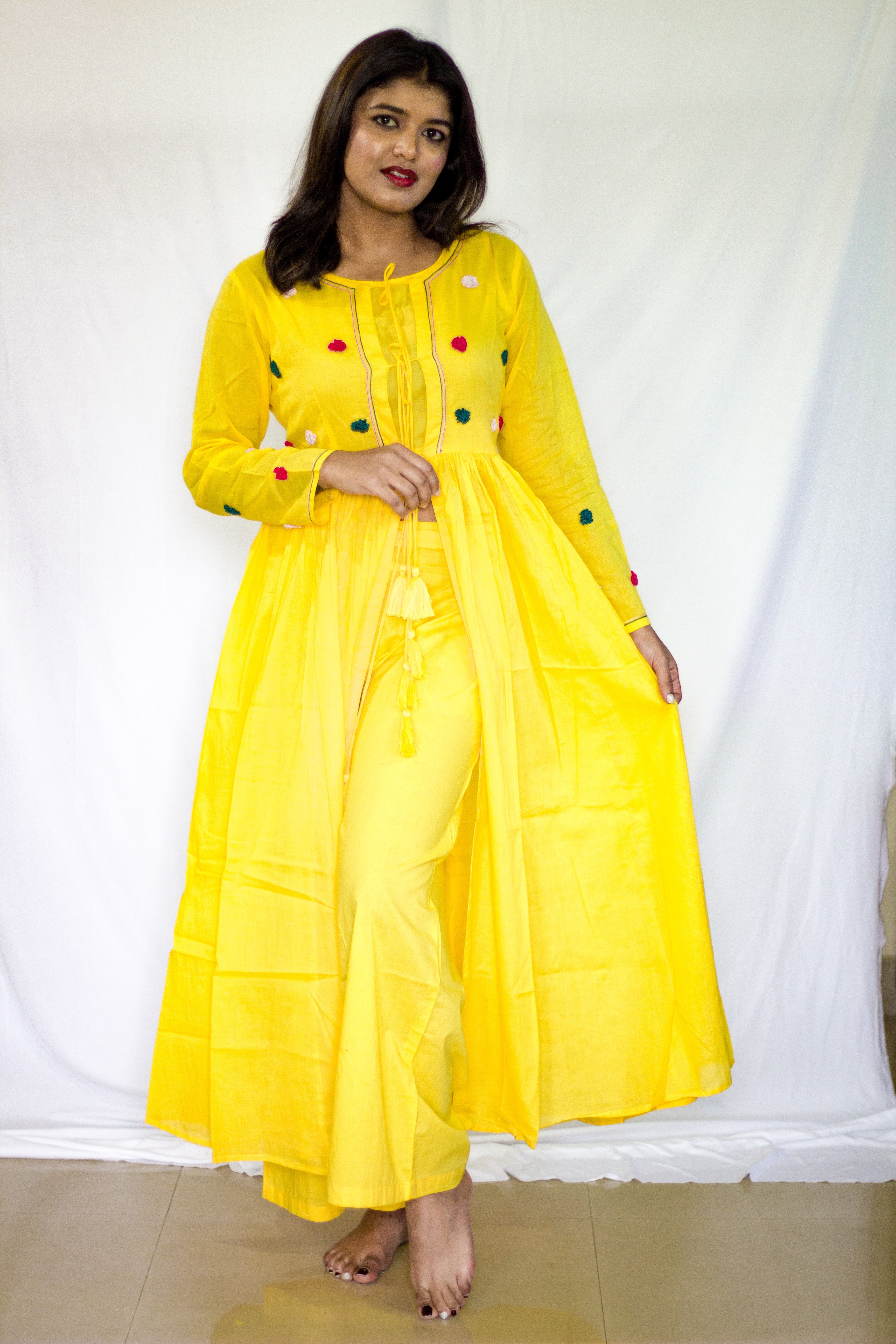 Elegant Yellow Cotton Shrug with short top 3 Pcs Set