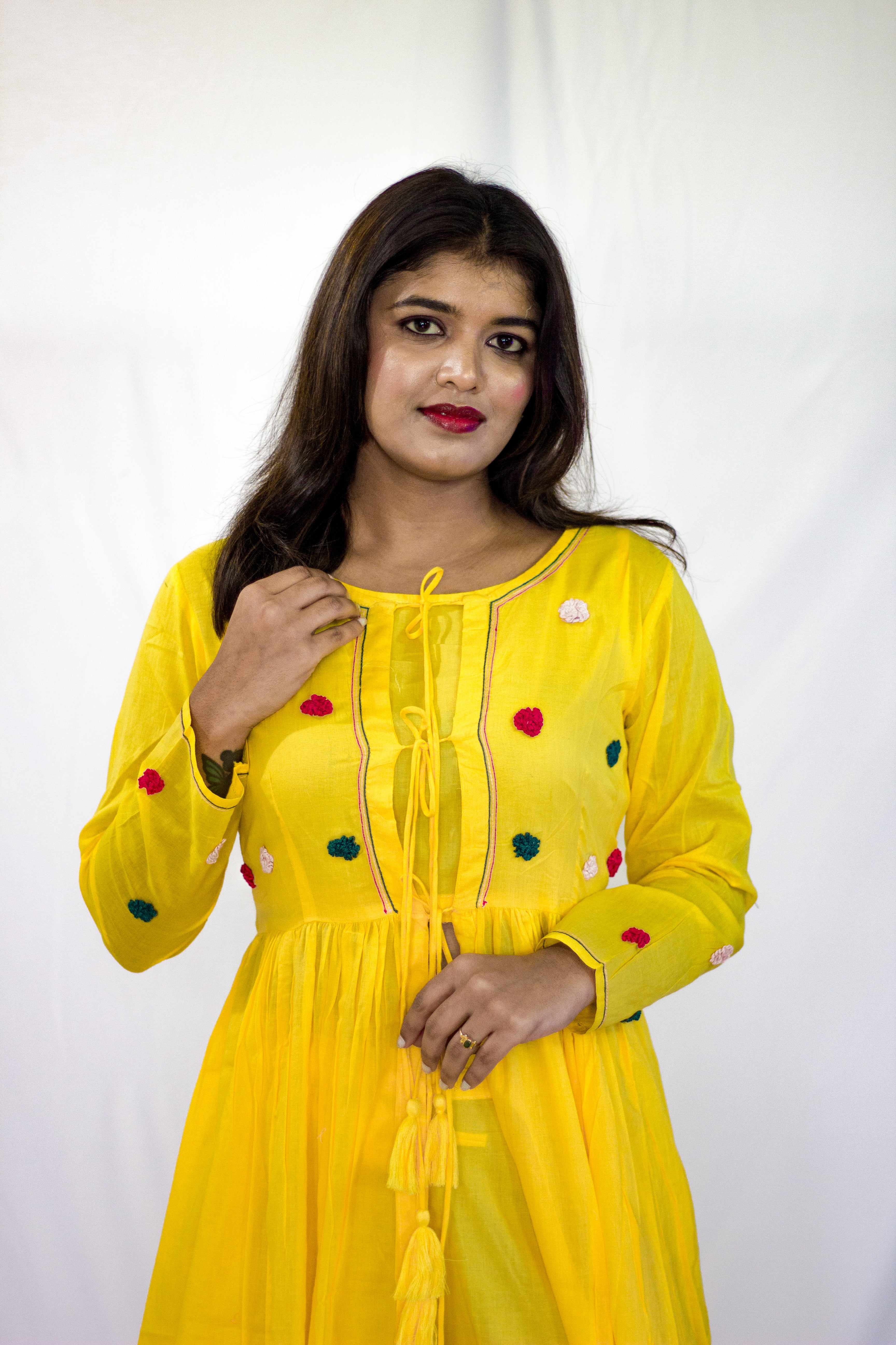 Elegant Yellow Cotton Shrug with short top 3 Pcs Set