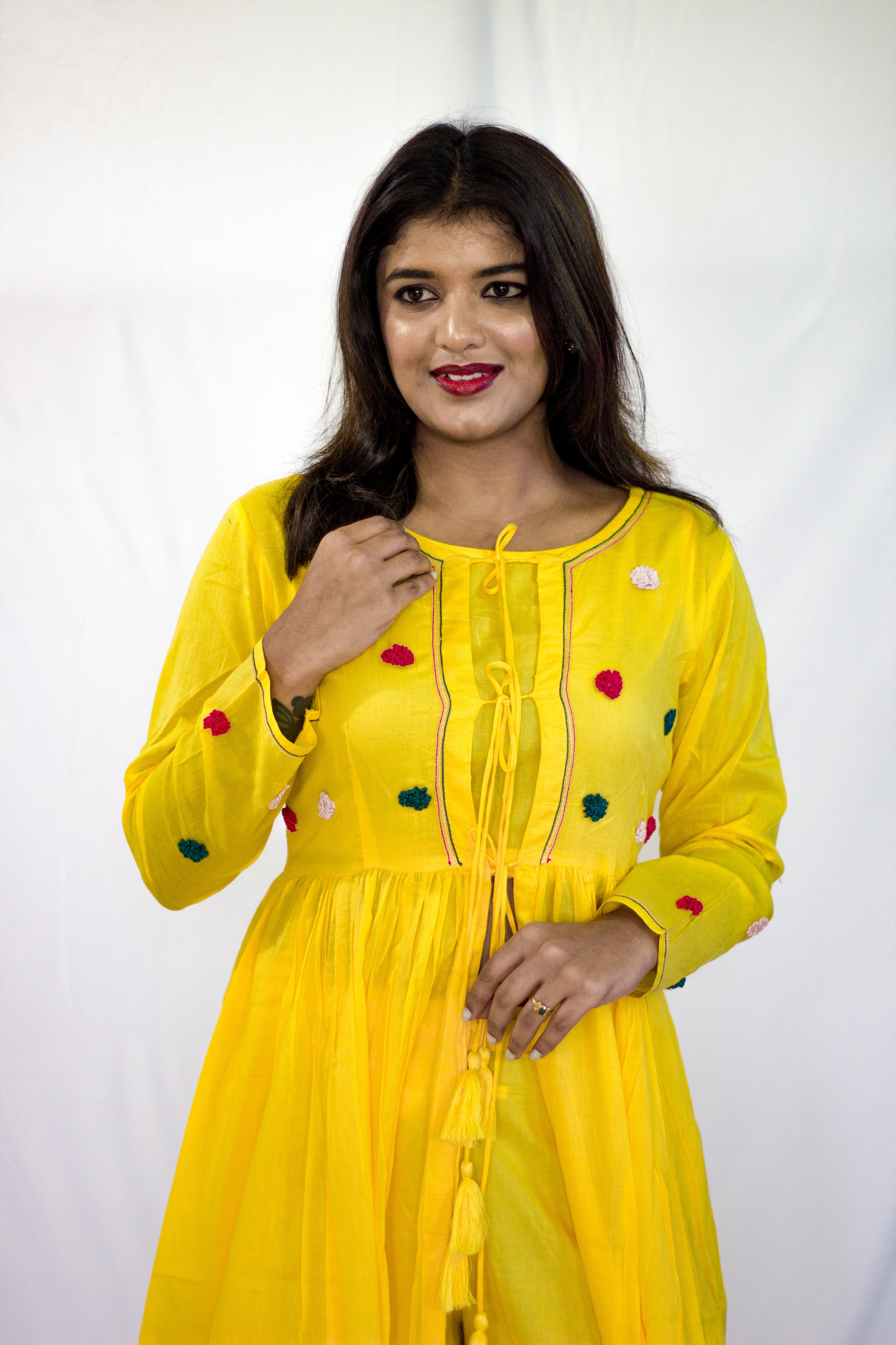 Elegant Yellow Cotton Shrug with short top 3 Pcs Set