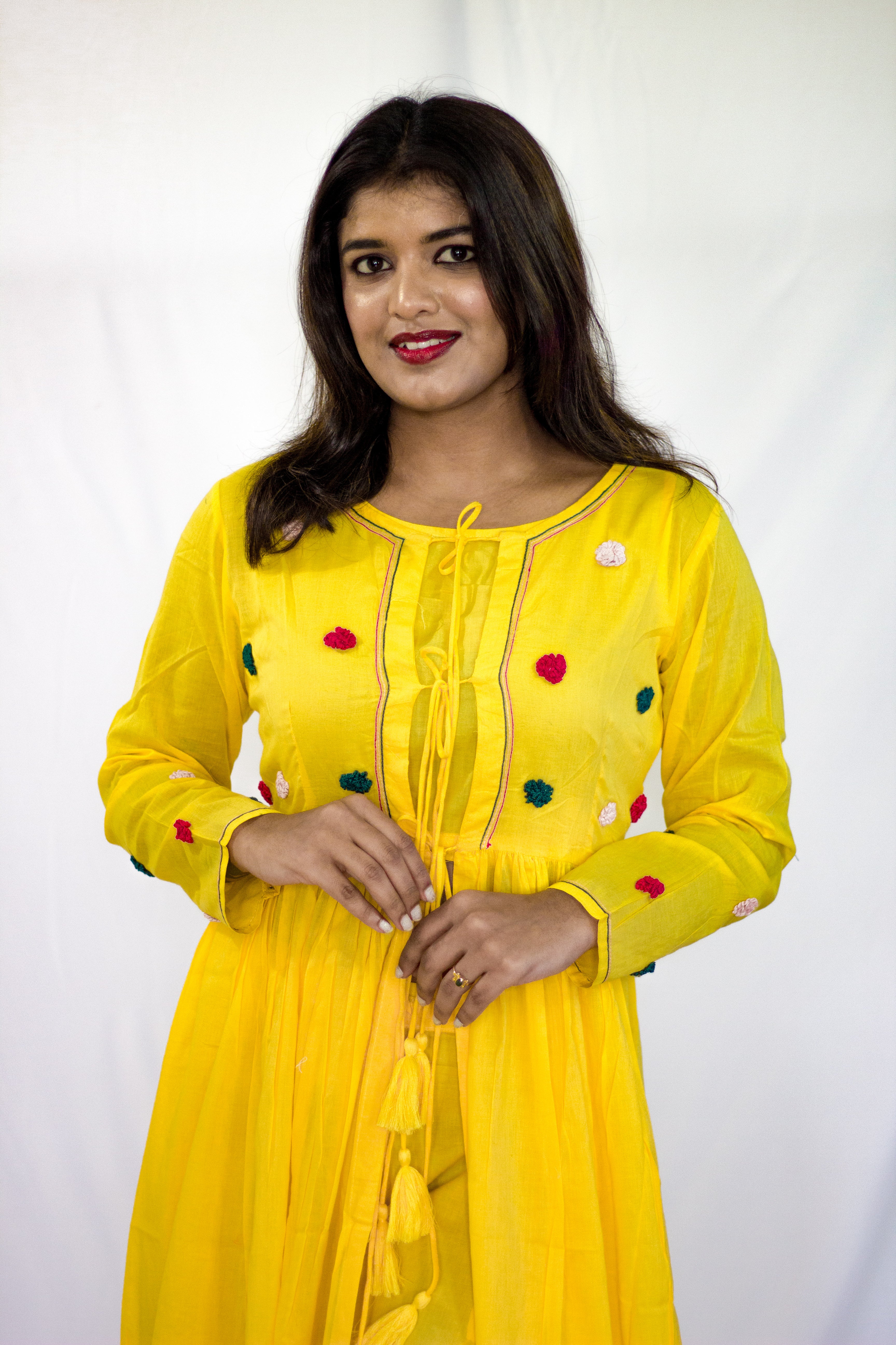 Elegant Yellow Cotton Shrug with short top 3 Pcs Set