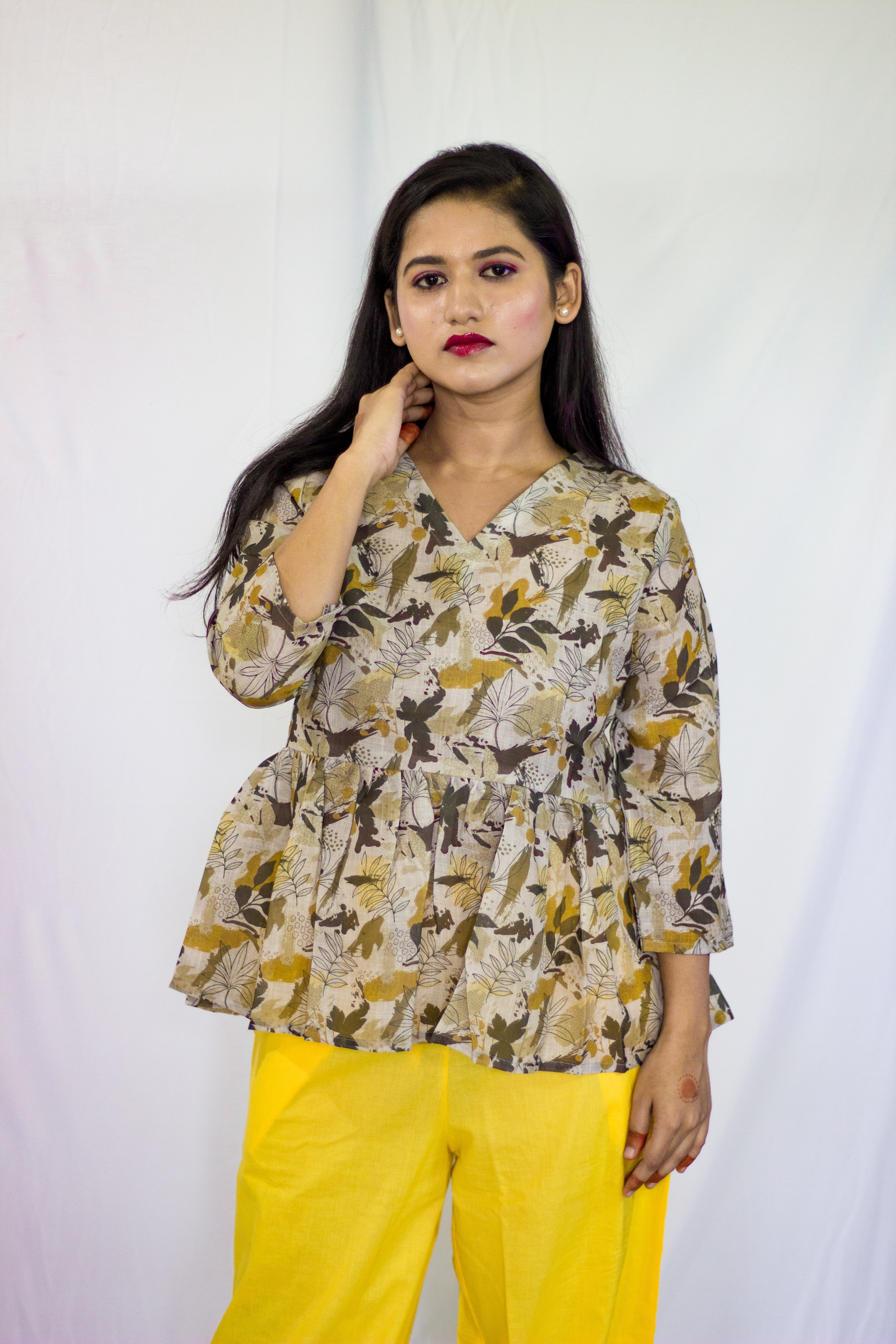 Premium Linen Grey-Green Floral pattern Peplum Top