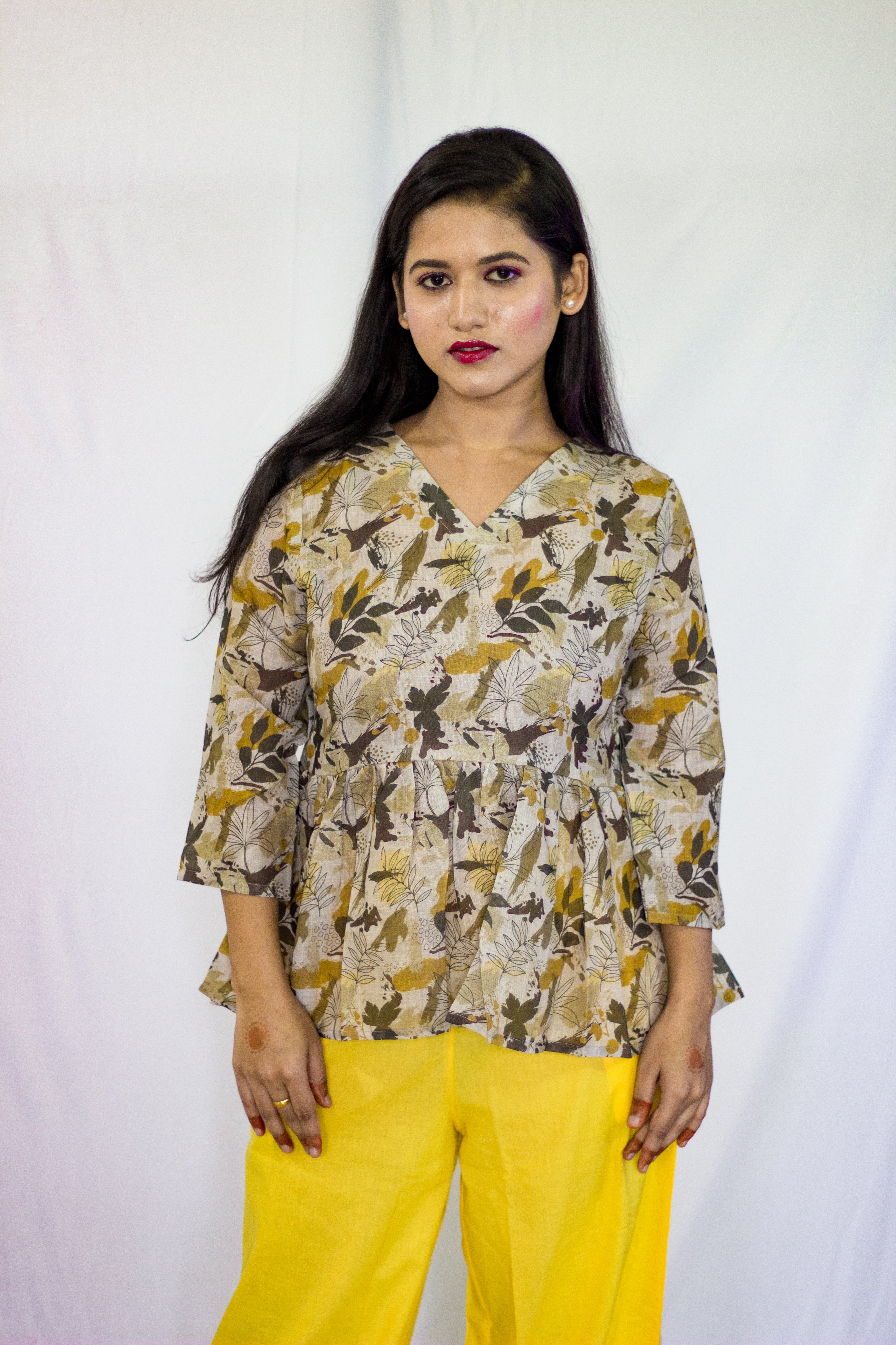 Premium Linen Grey-Green Floral pattern Peplum Top