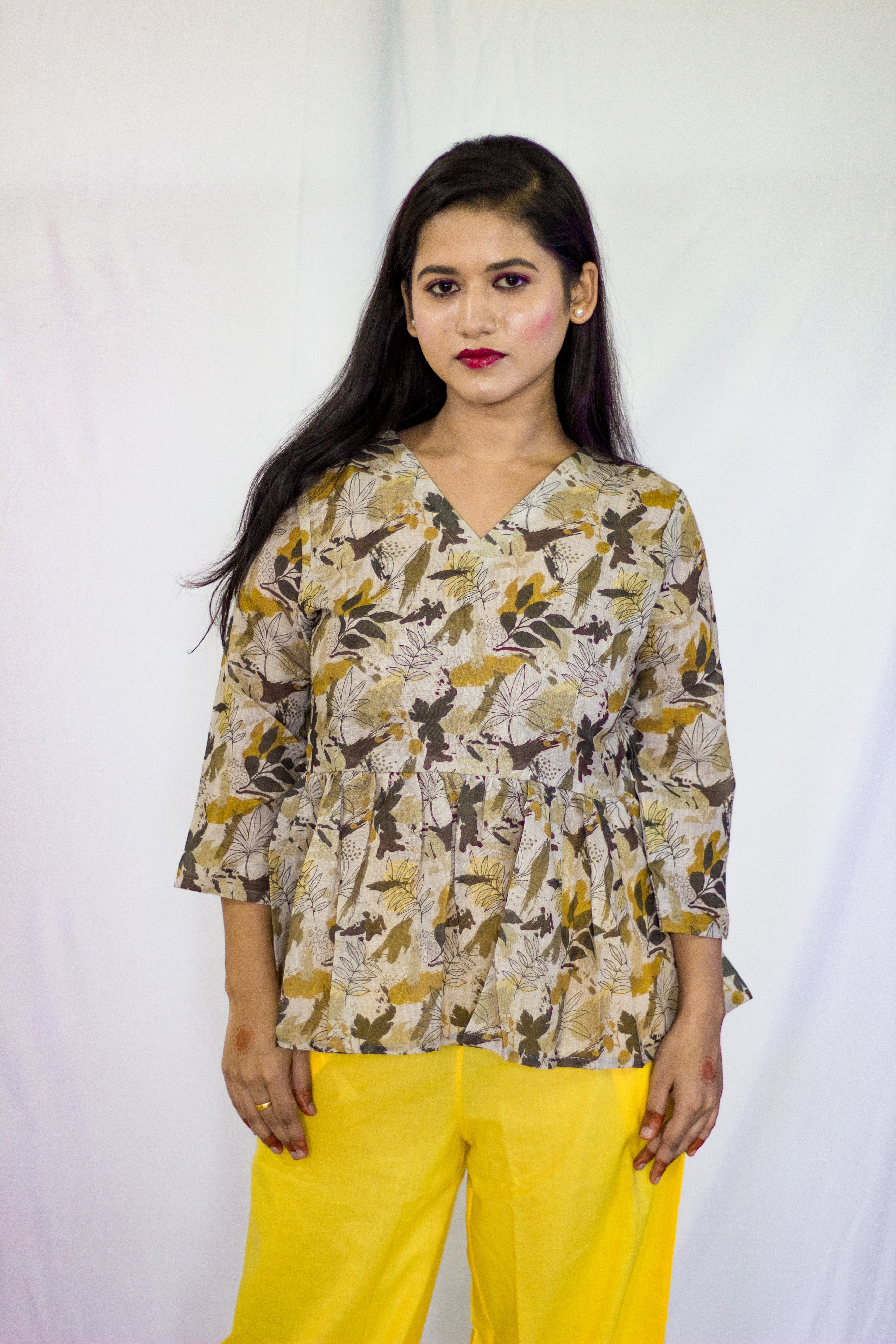 Premium Linen Grey-Green Floral pattern Peplum Top