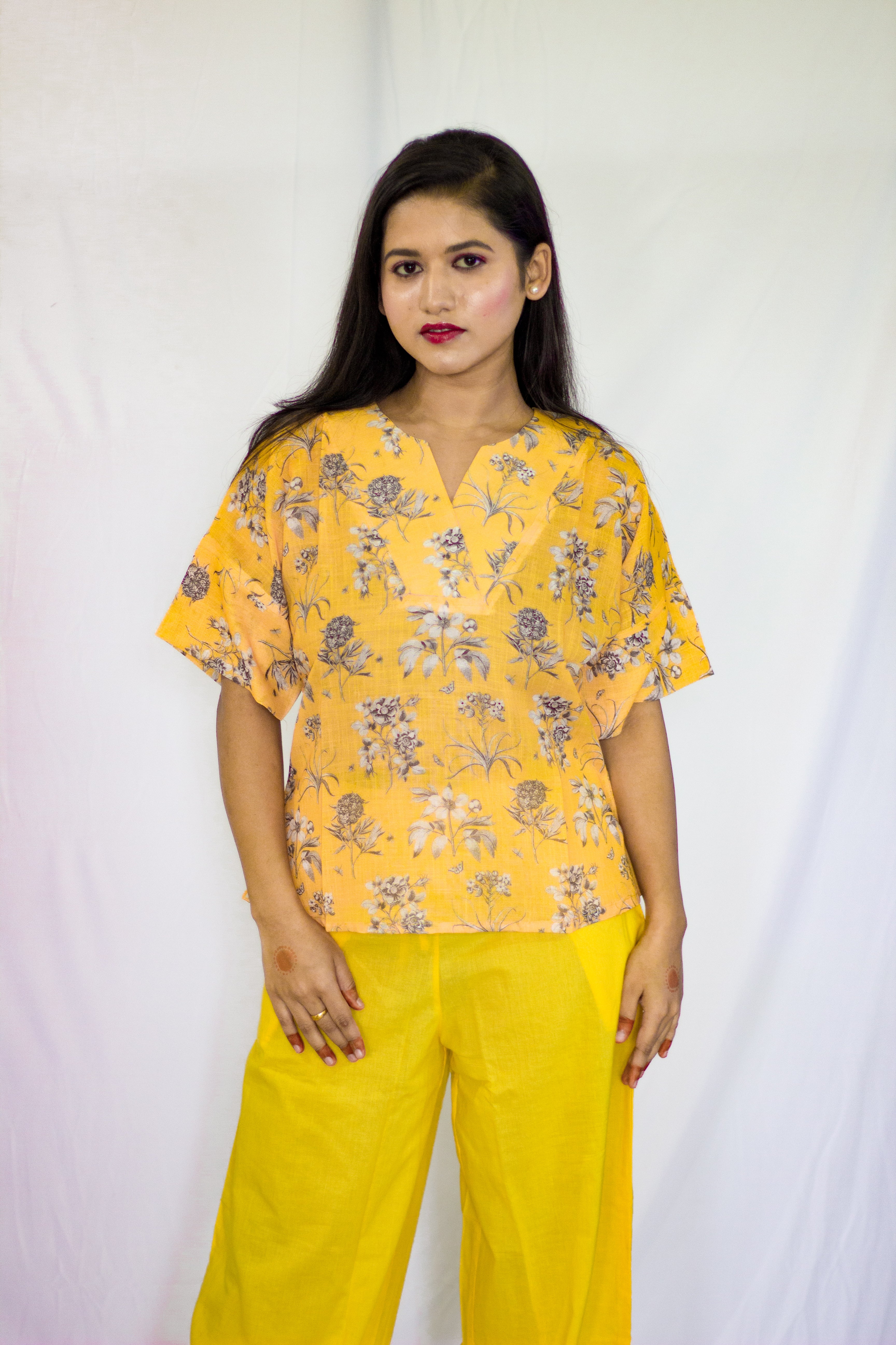 Premium Linen Yellow floral pattern Short Top