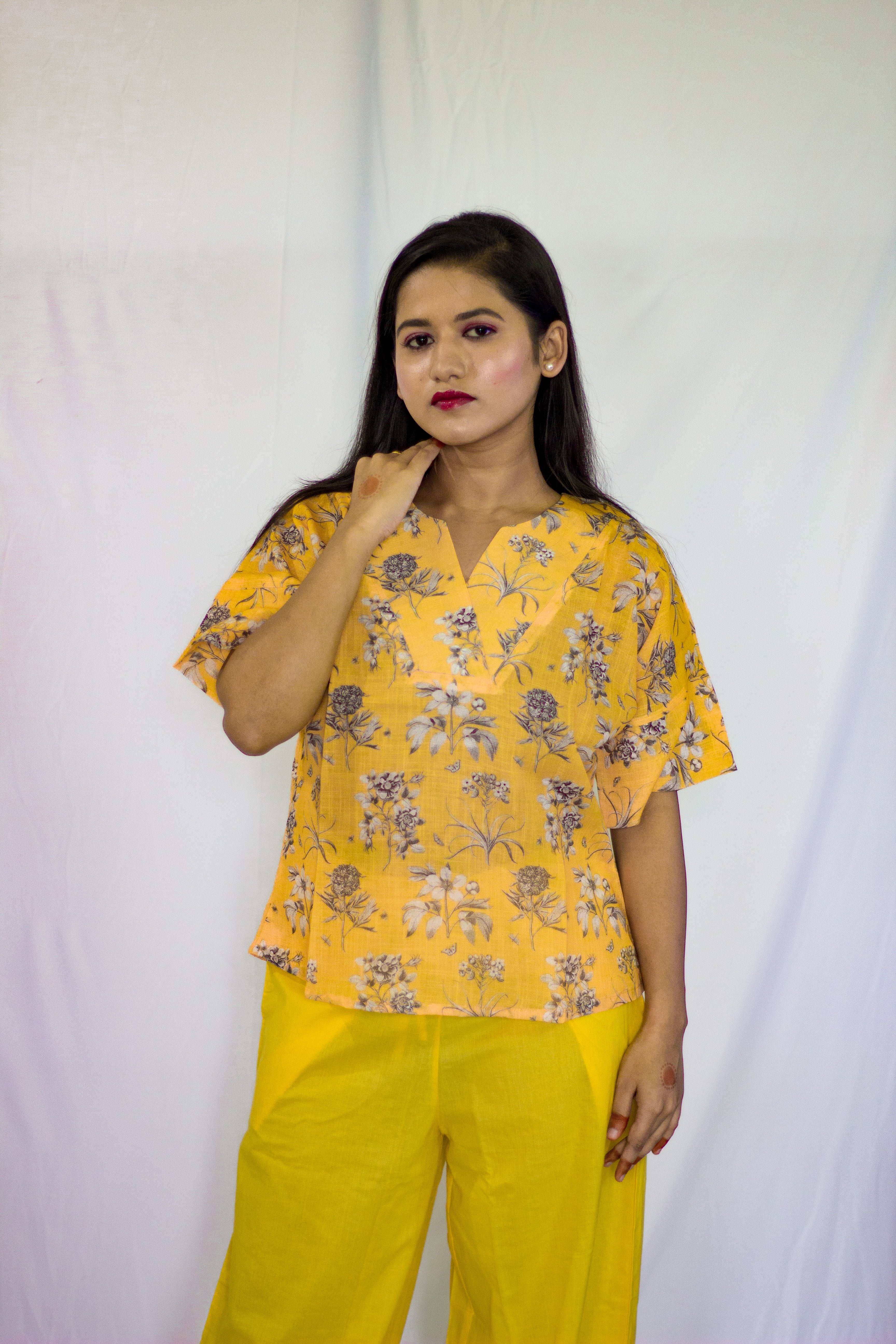 Premium Linen Yellow floral pattern Short Top