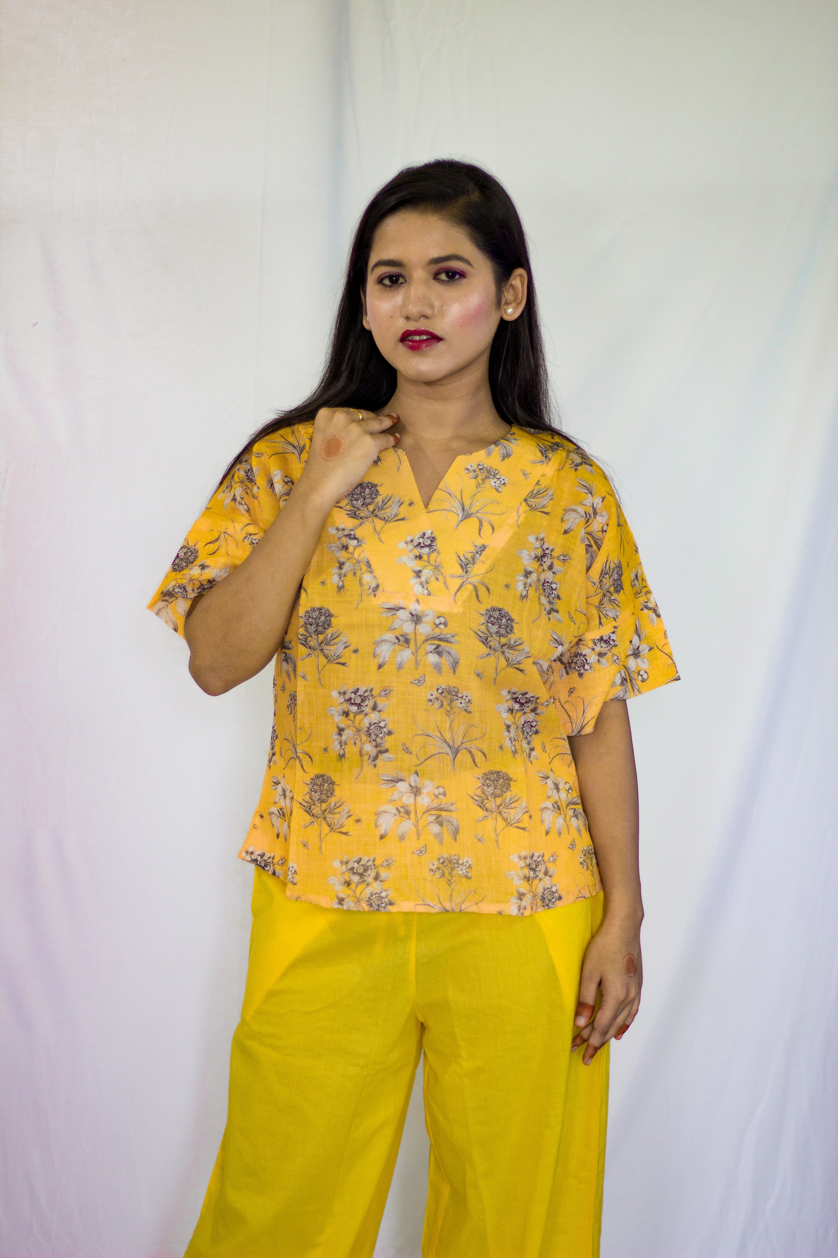 Premium Linen Yellow floral pattern Short Top