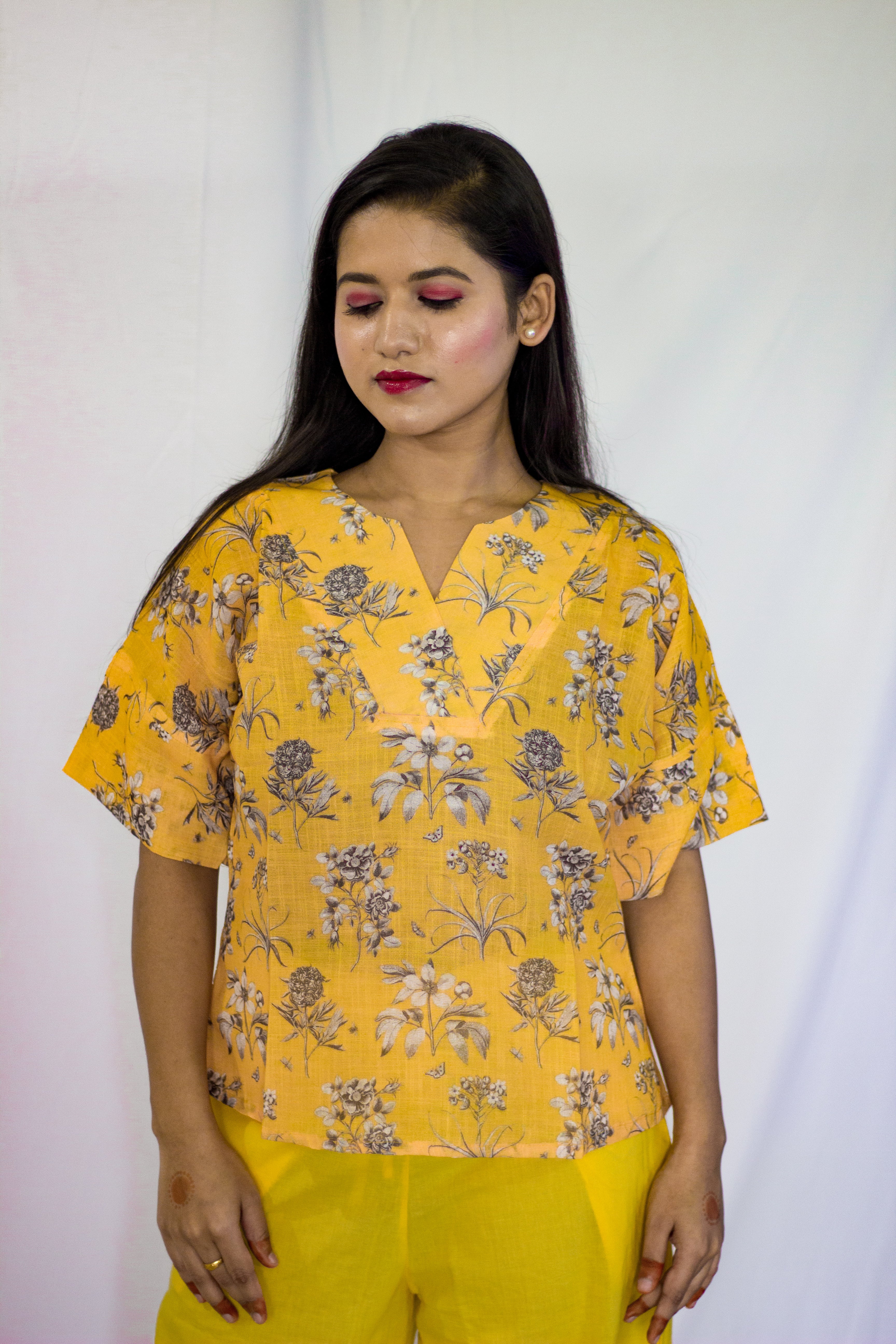 Premium Linen Yellow floral pattern Short Top
