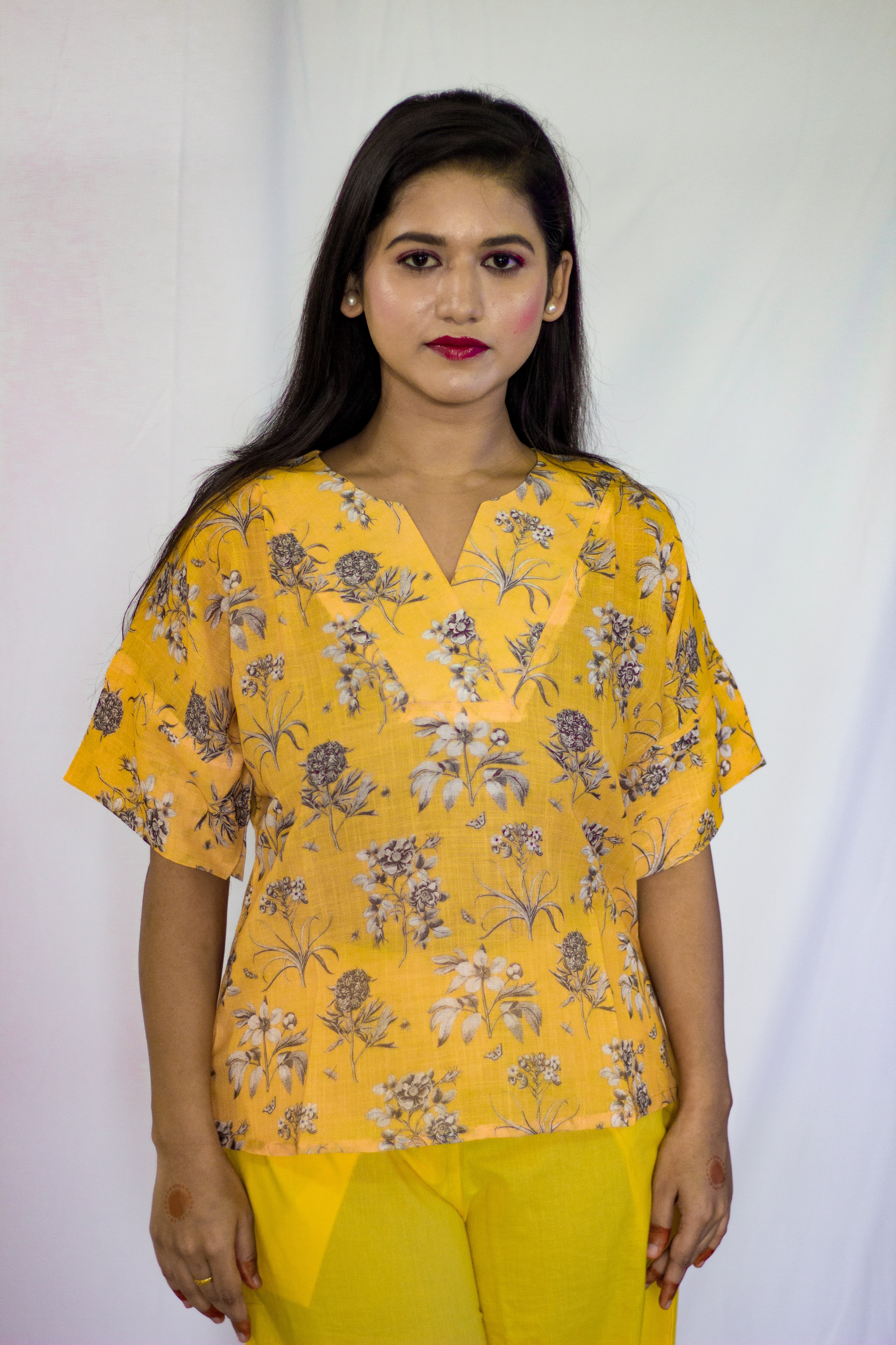 Premium Linen Yellow floral pattern Short Top
