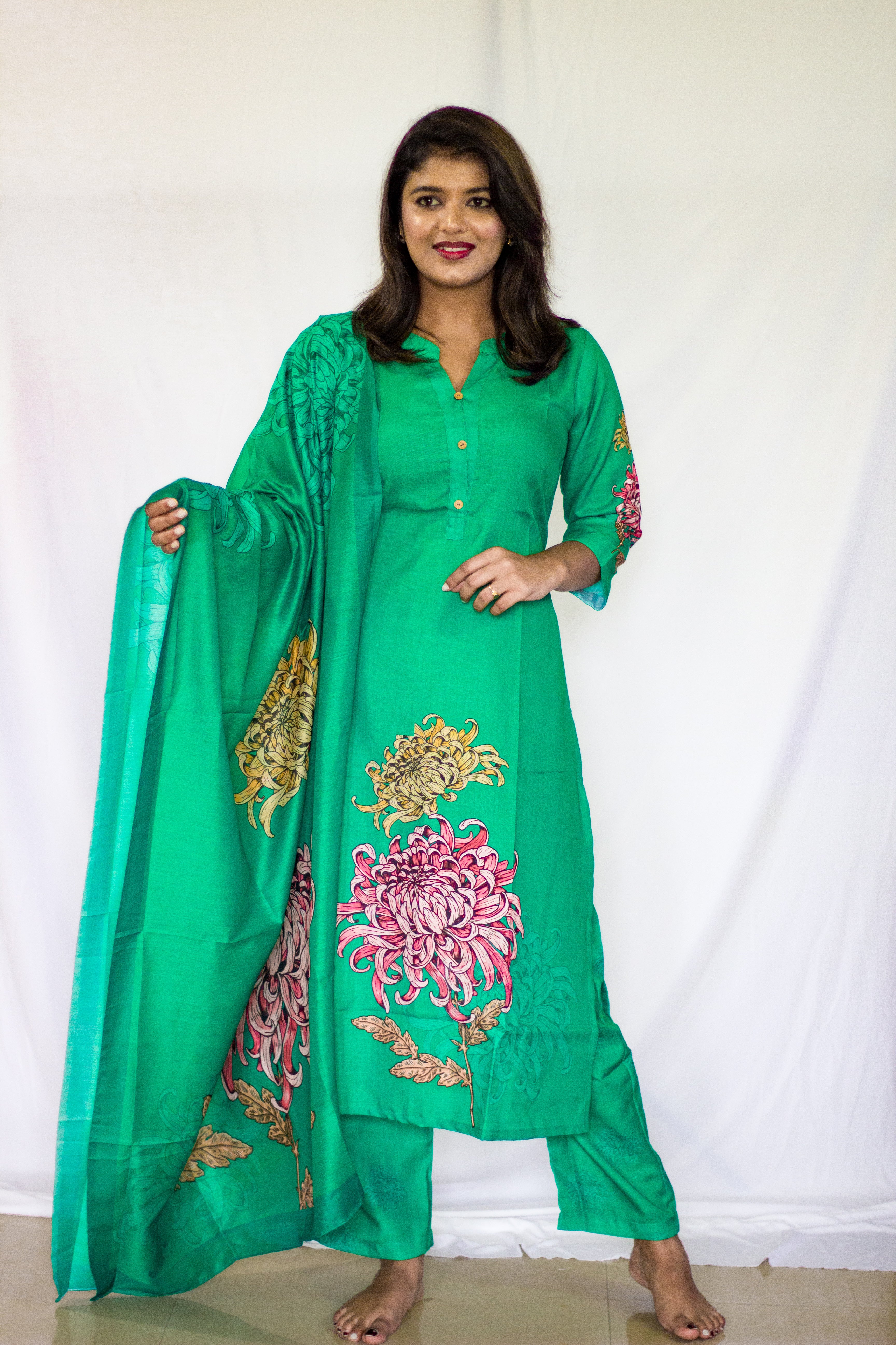 Green printed Linen Salwar 3 pcs sets