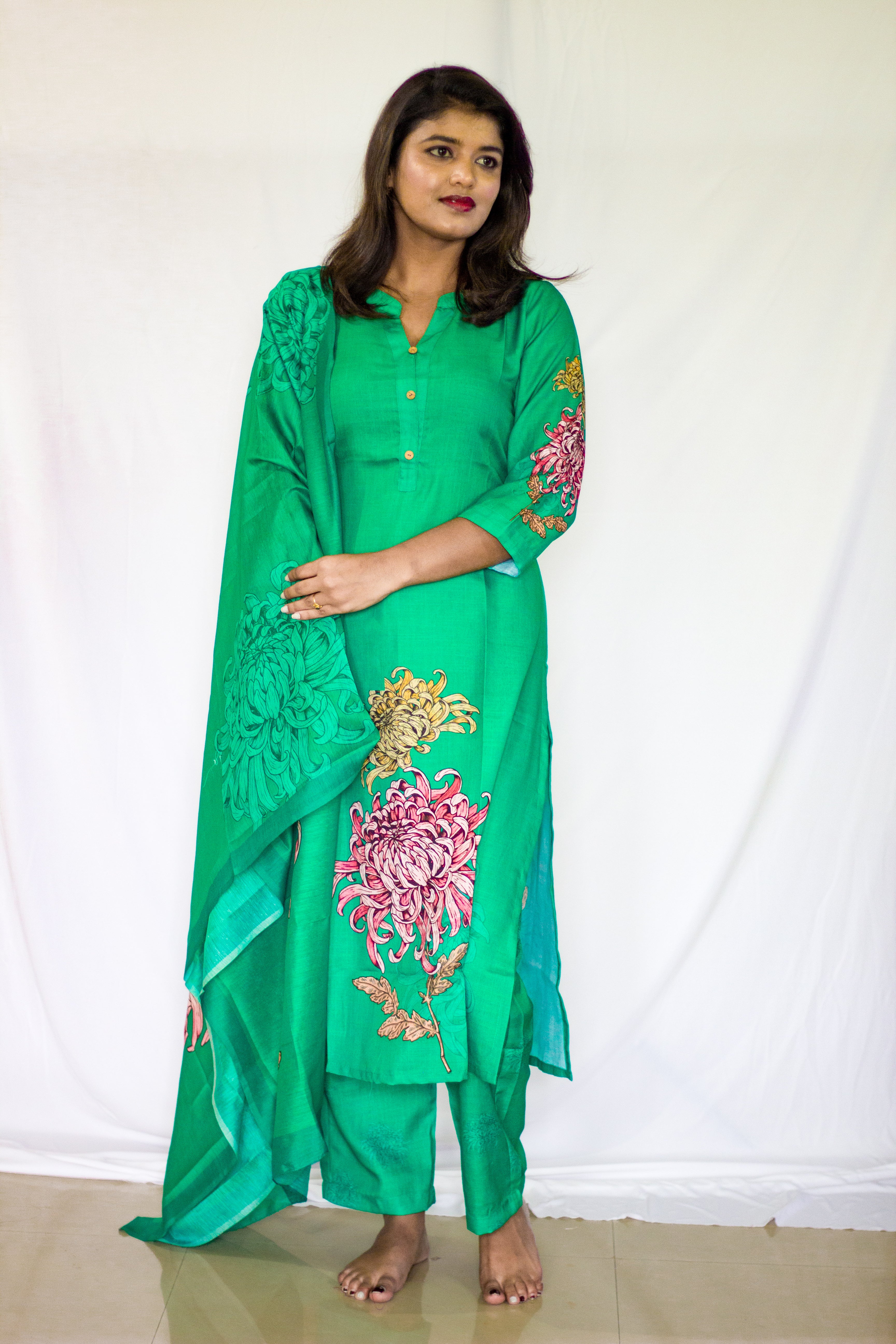 Green printed Linen Salwar 3 pcs sets