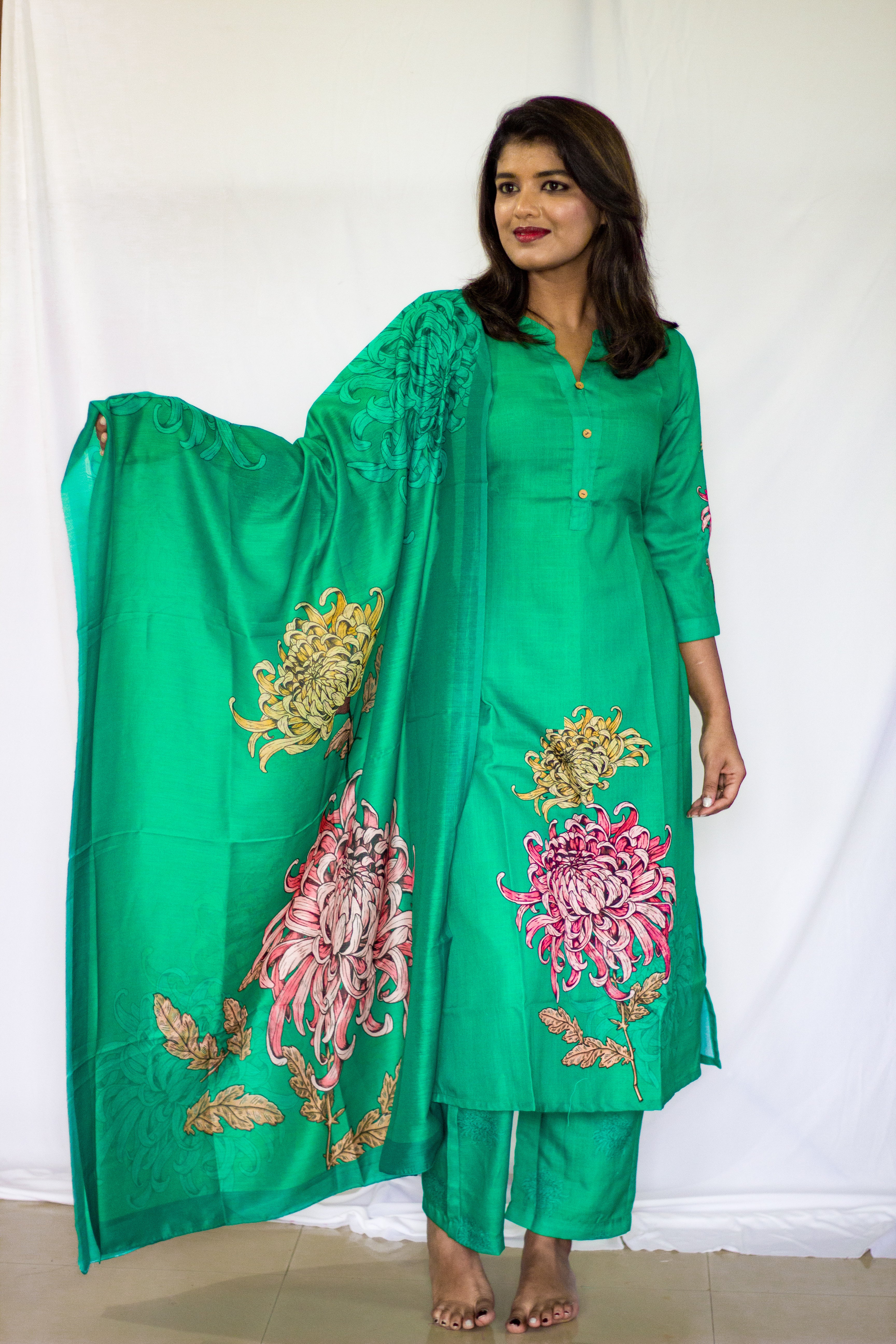 Green printed Linen Salwar 3 pcs sets