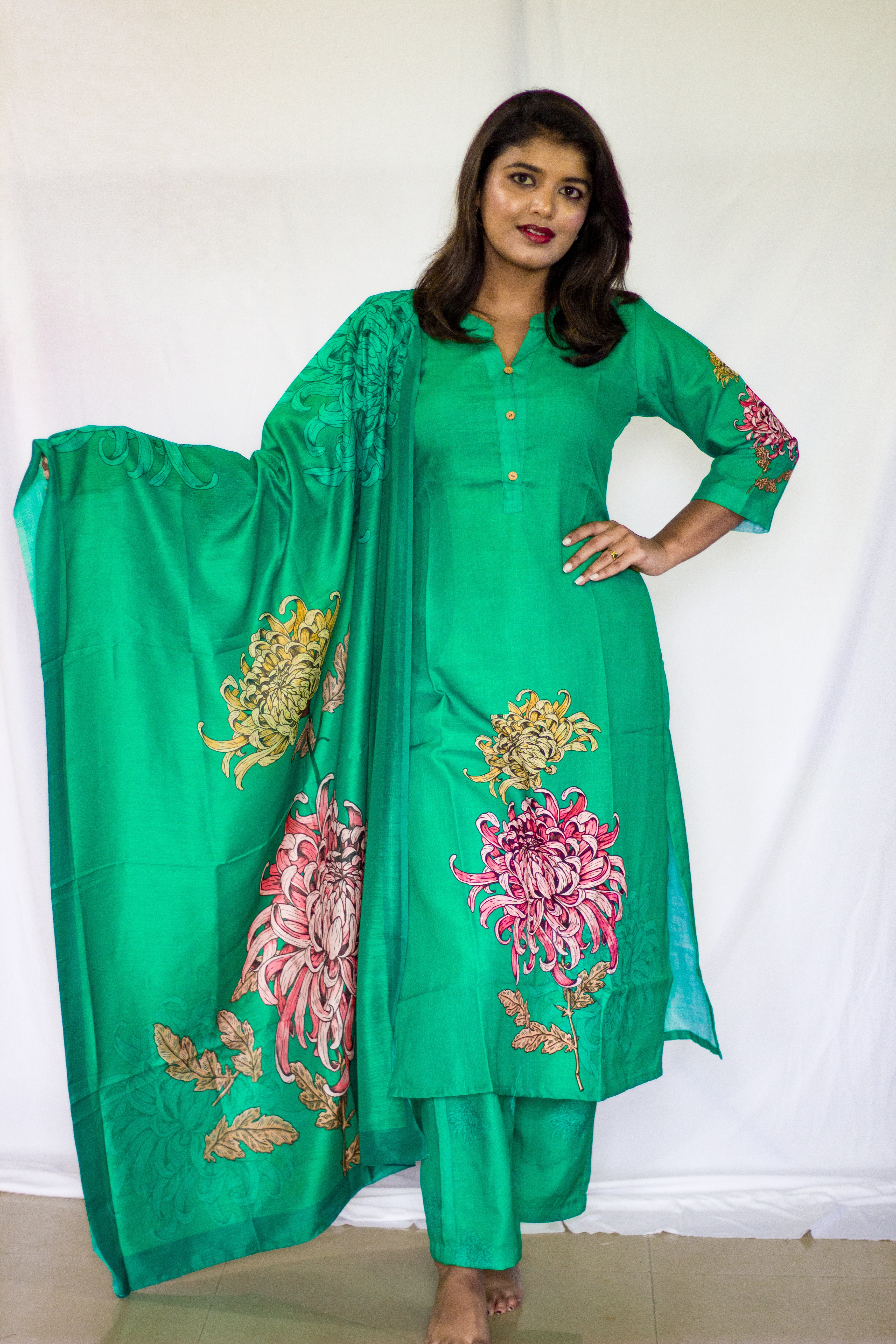 Green printed Linen Salwar 3 pcs sets