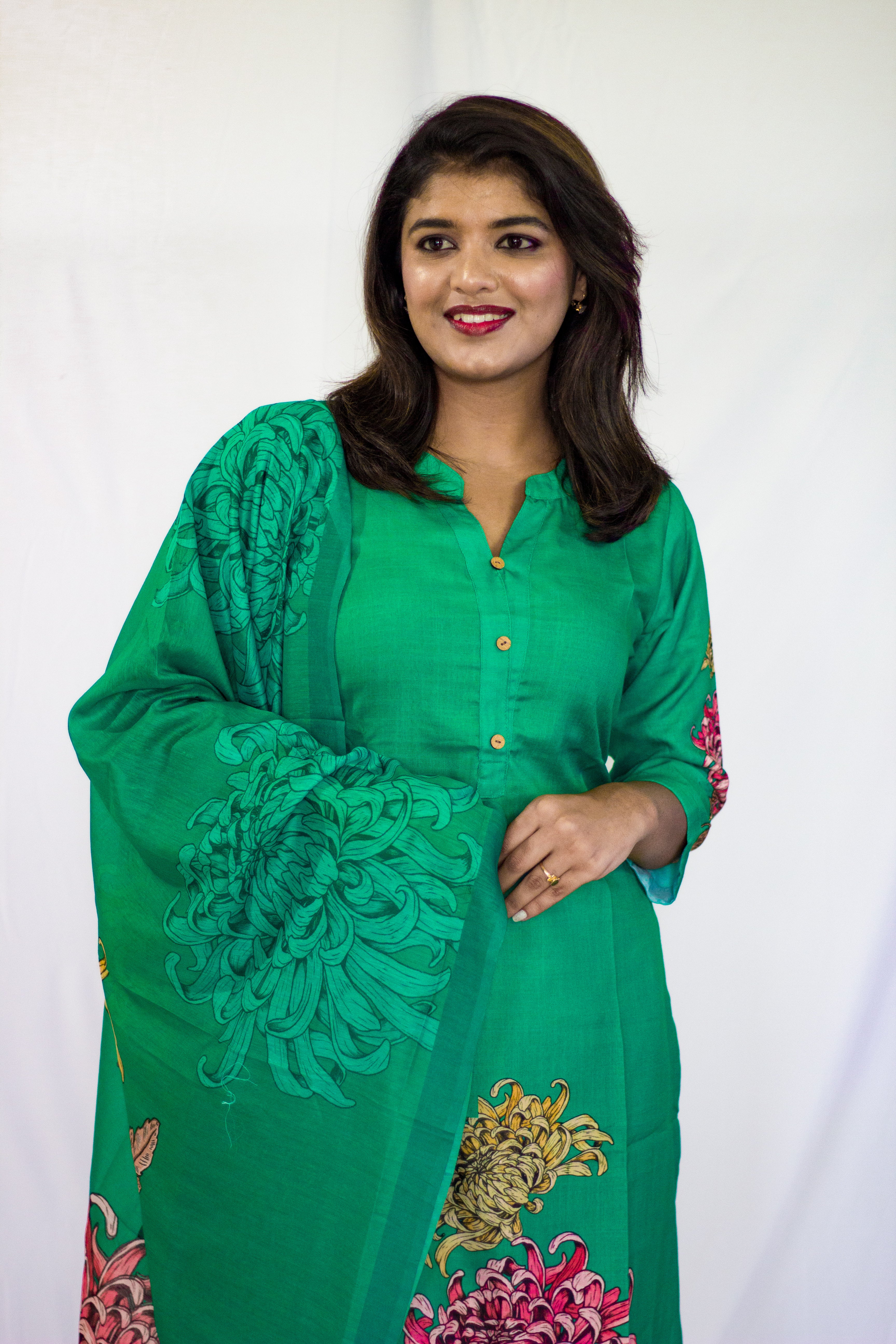 Green printed Linen Salwar 3 pcs sets