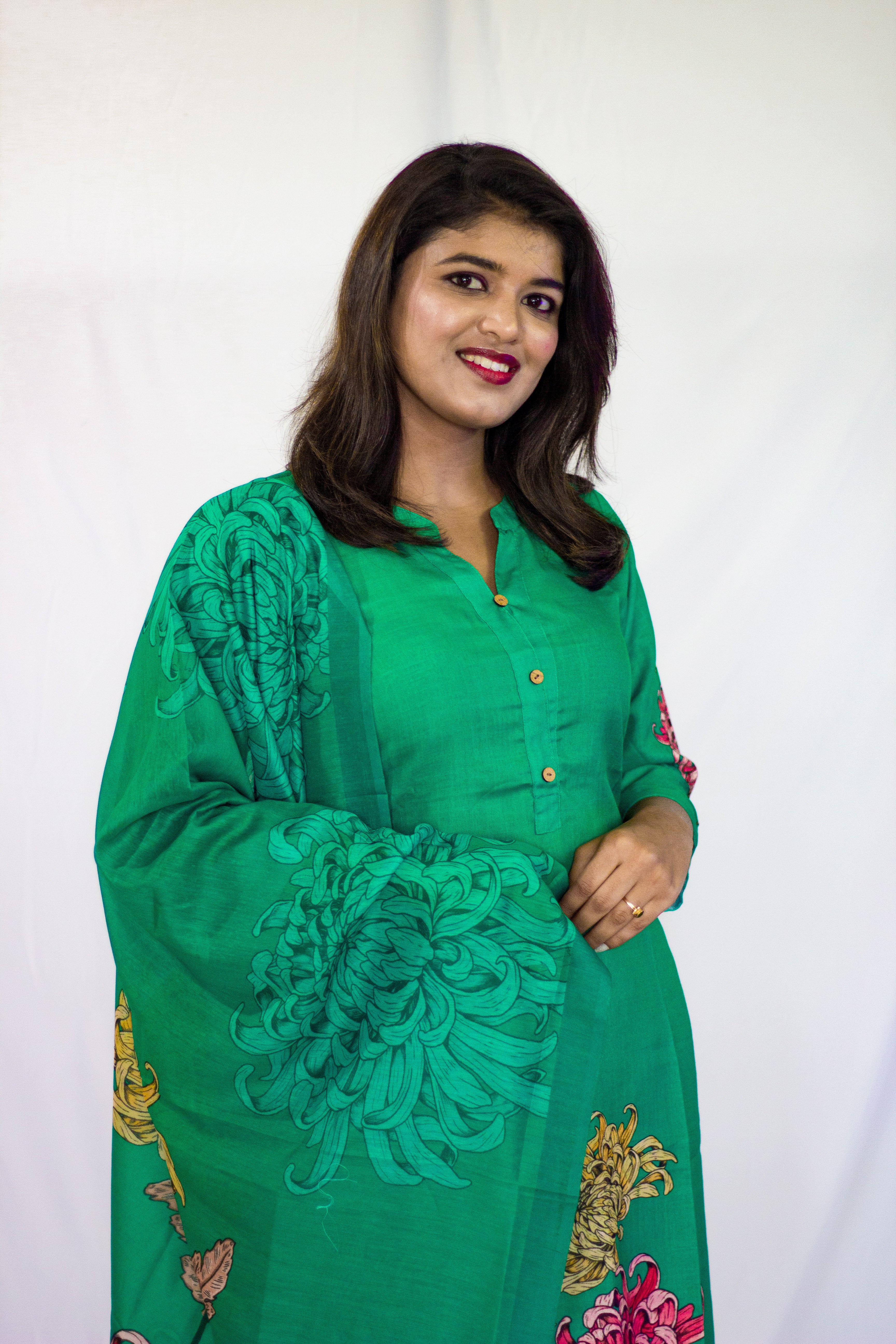 Green printed Linen Salwar 3 pcs sets